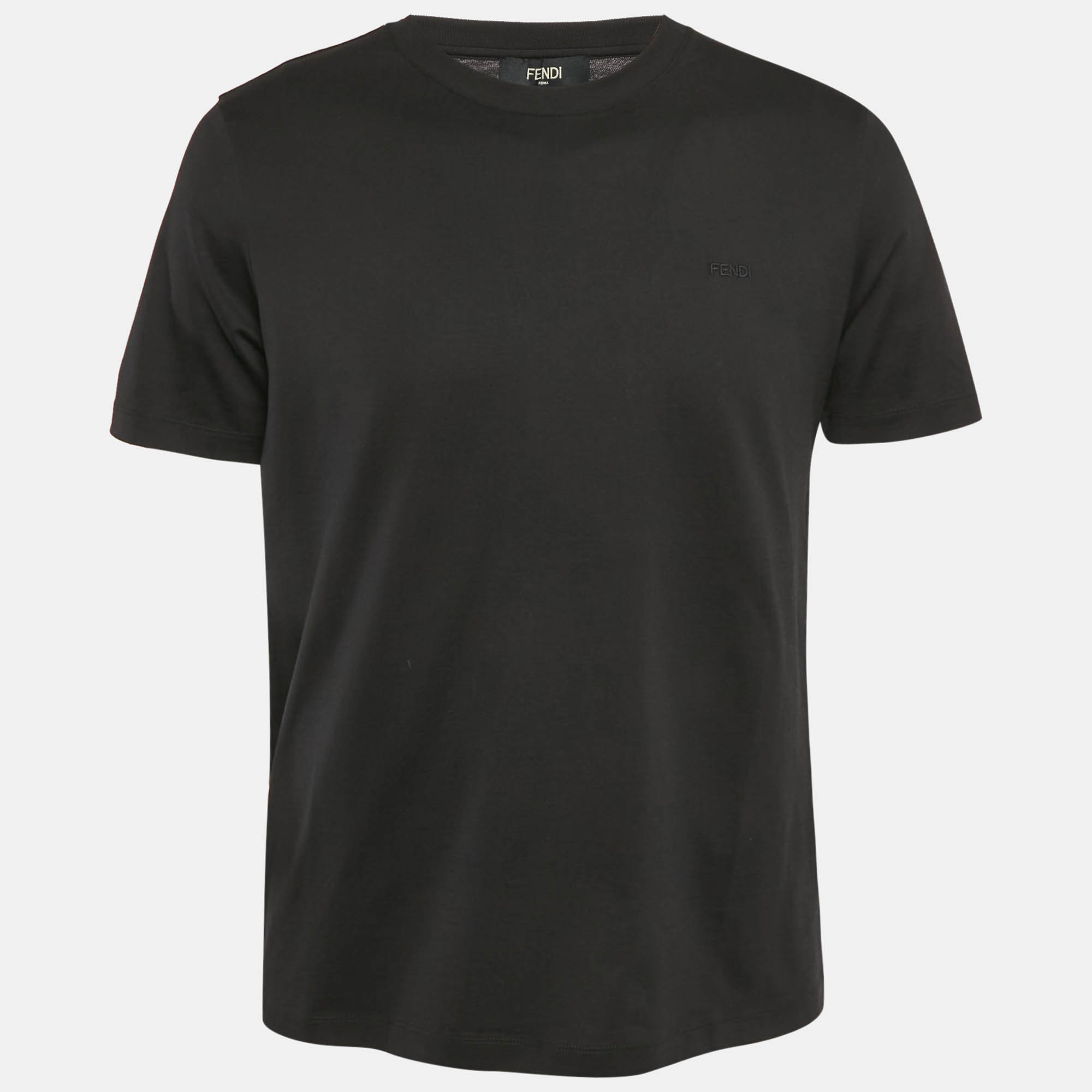 مملوكة مسبقًا Fendi Black Logo Embroidered Cotton Half Sleeve T-Shirt XL