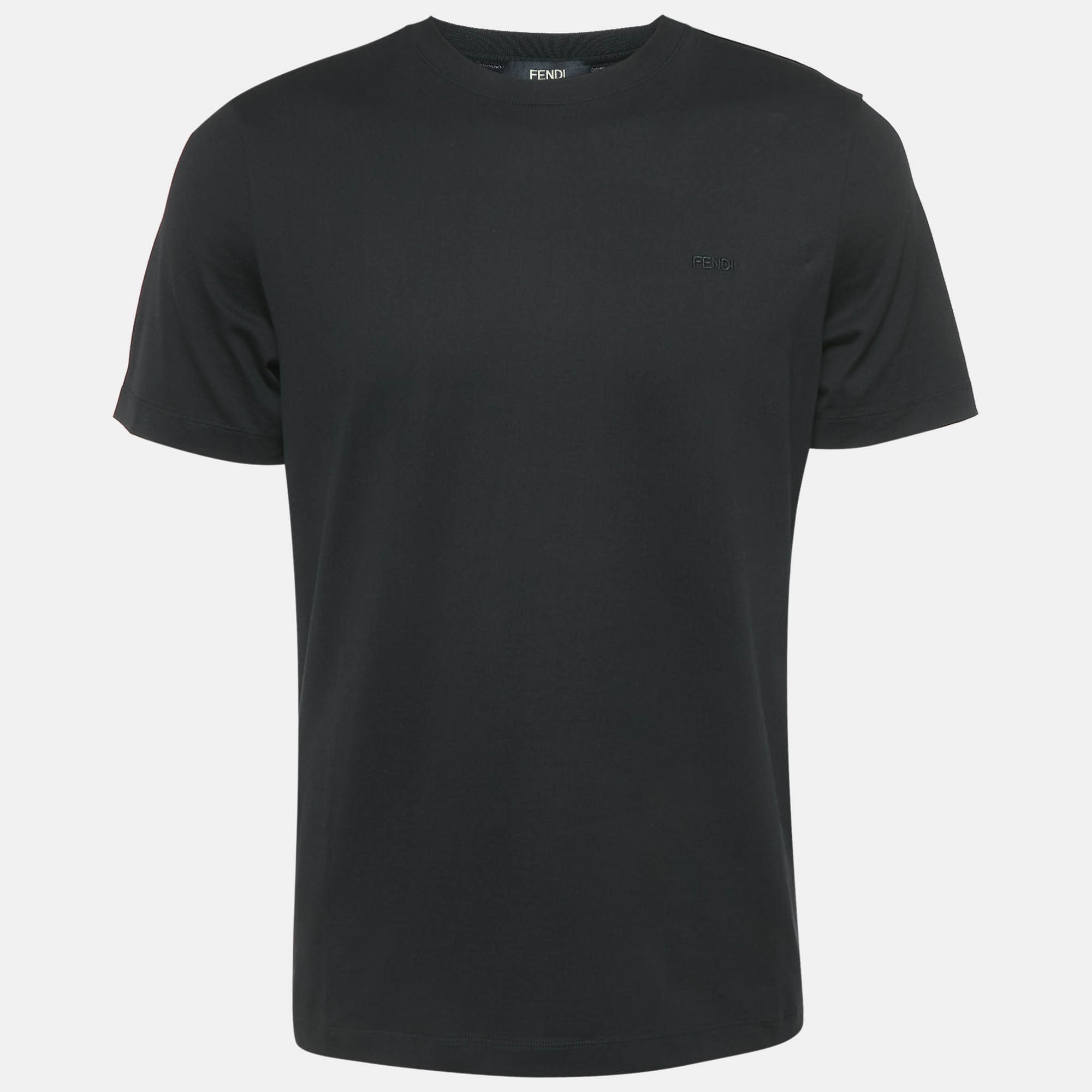 Fendi Black Logo Embroidered Cotton Crew Neck T-Shirt L