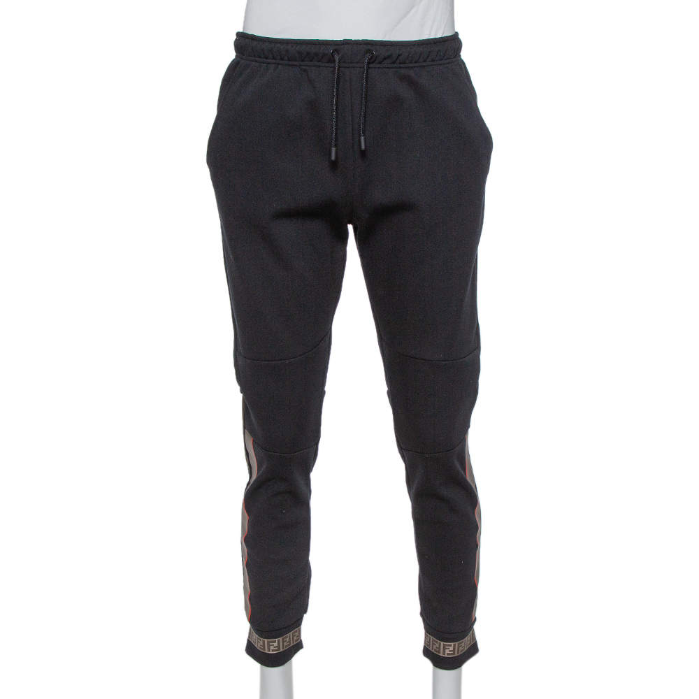 Pre Owned Fendi Black Knit Logo Printed Paneled Joggers L