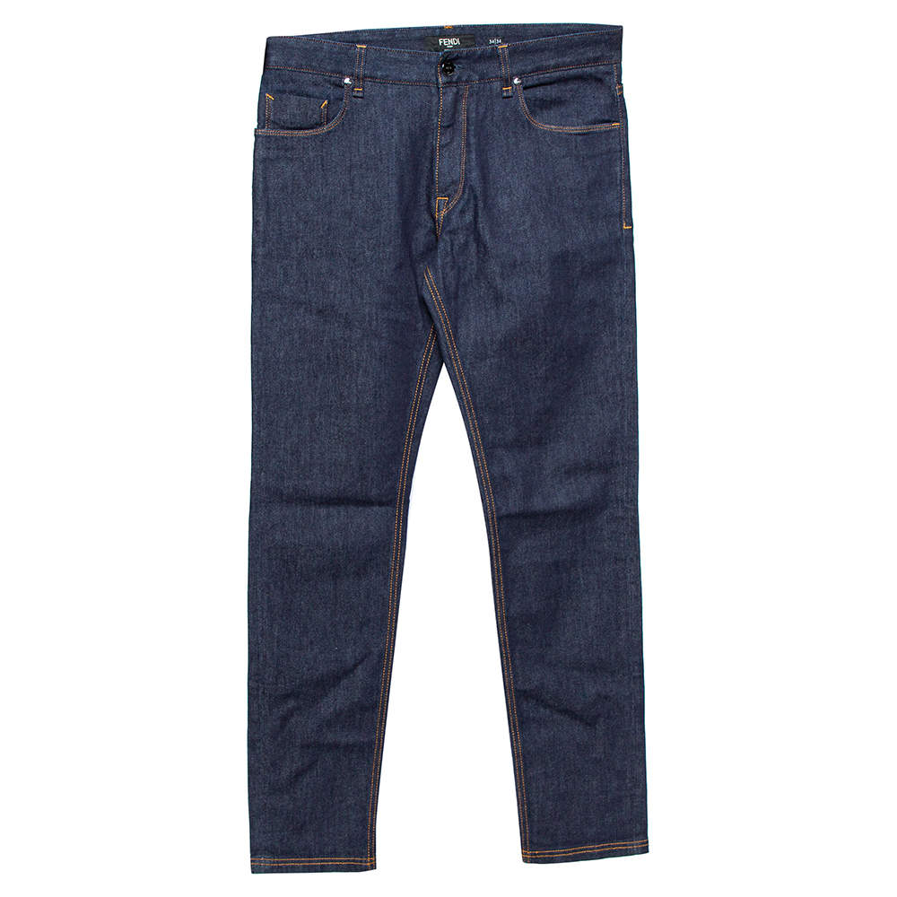 Fendi Navy Blue Denim Camo Pocket Detail Tapered Jeans XS