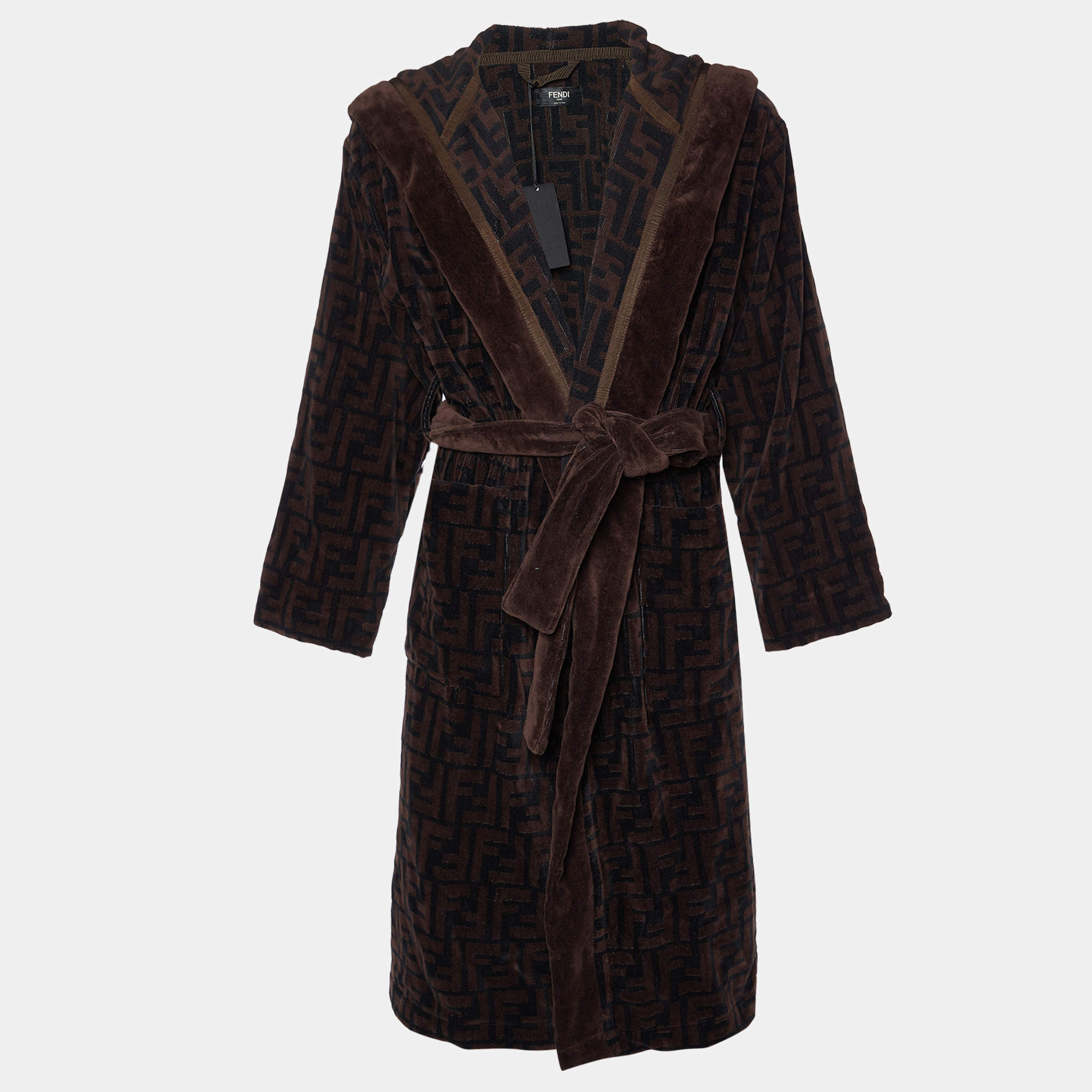 Fendi Brown Zucca Monogram Terry Belted Bathrobe L