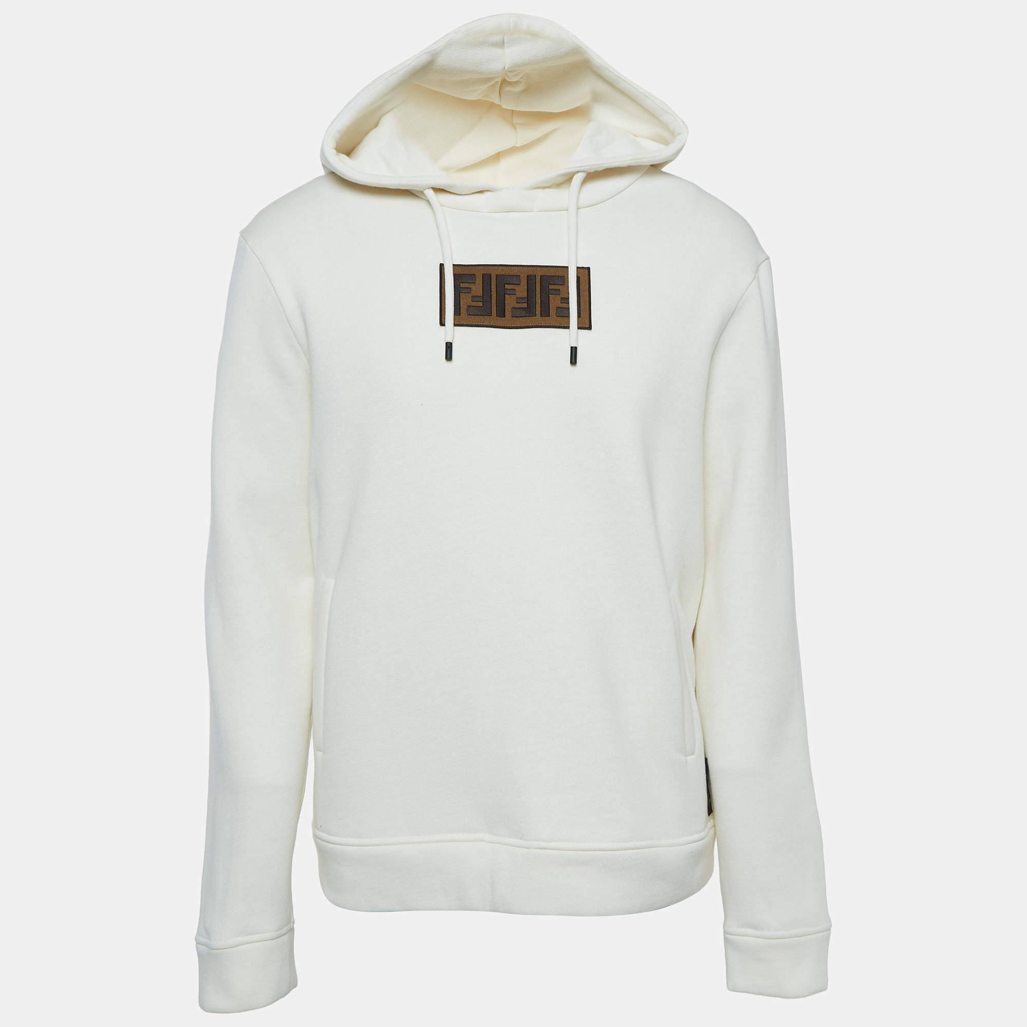 Pre Owned Fendi White Logo Embroidered Cotton & Cashmere Hoodie L