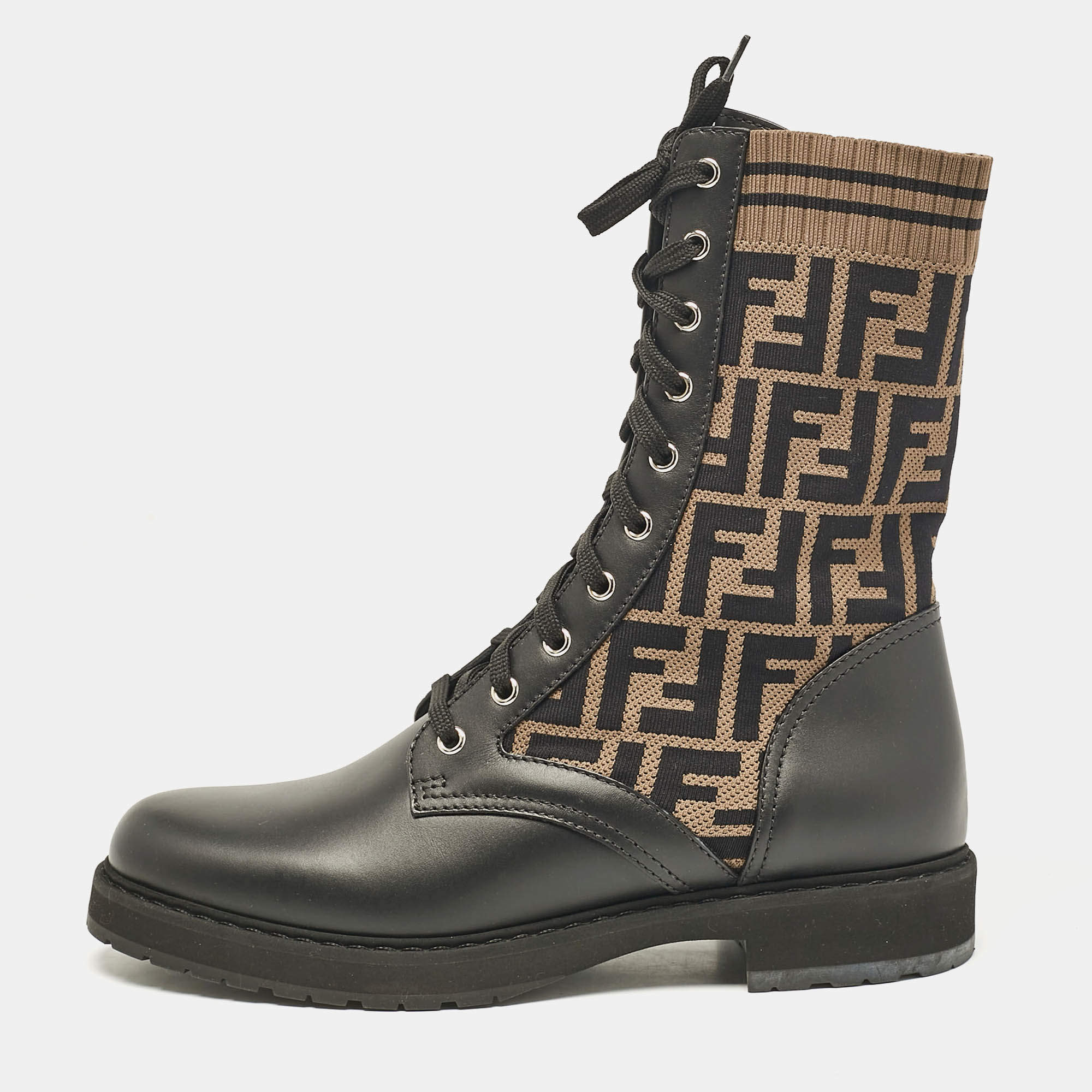 Fendi Black/Brown Fabric and Leather Rockoko Combat Boots Size 41