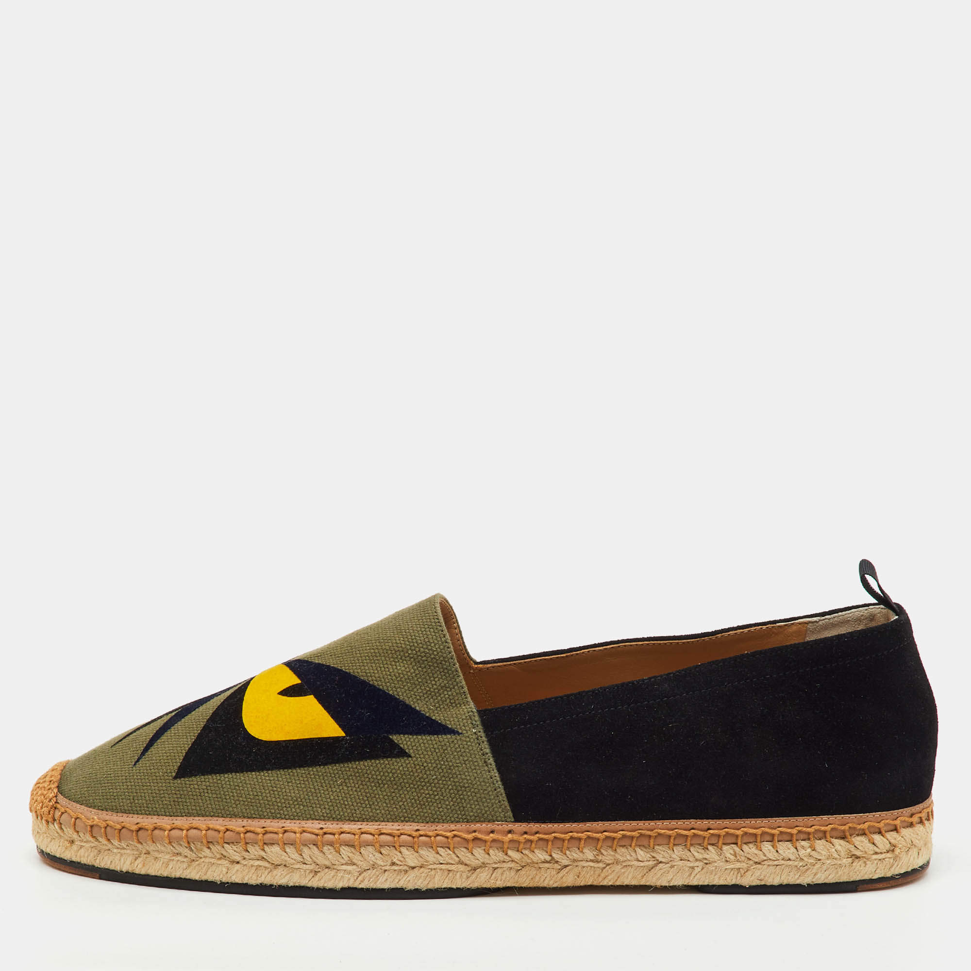 مملوكة مسبقًا Fendi Black/Green Suede and Canvas Bag Bugs Monster Espadrille Flats Size 45