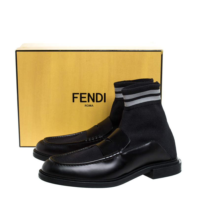 Pre Owned  Fendi Black Knit Fabric And Leather High Top Sock Penny Loafers Size 44