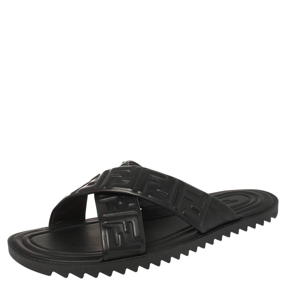 Pre Owned Fendi Black Leather Embossed FF Logo Flat Sandals Size 42