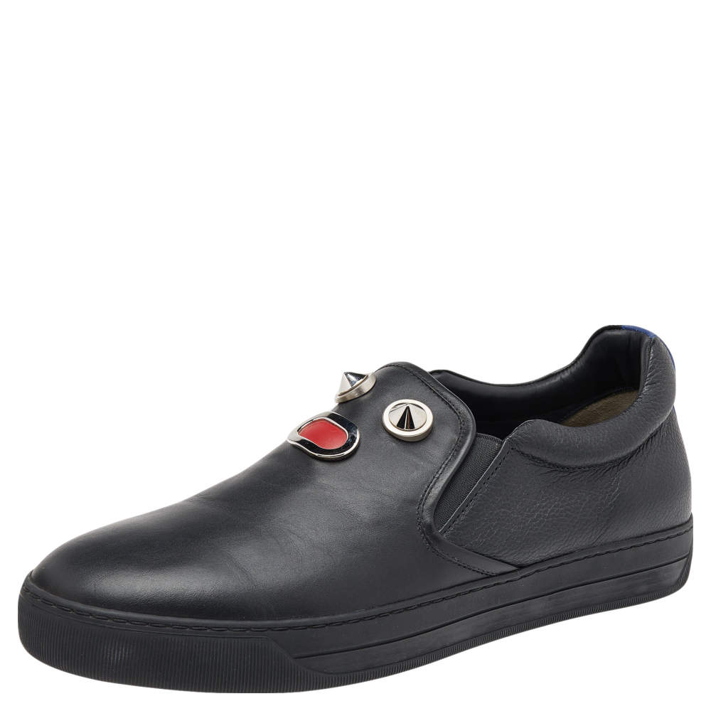 Fendi Black Leather Monster Bug Slip On Sneakers Size 43