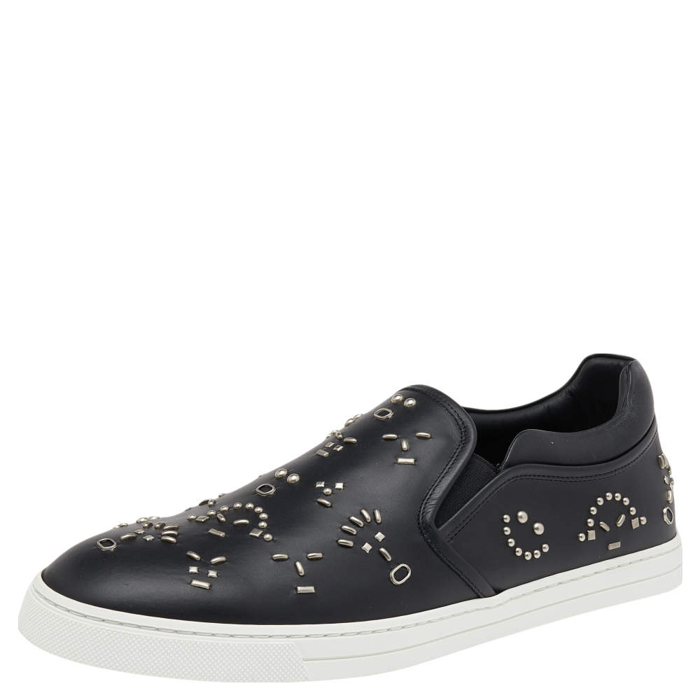 Fendi Black Leather Studded Slip On Sneakers Size 42.5