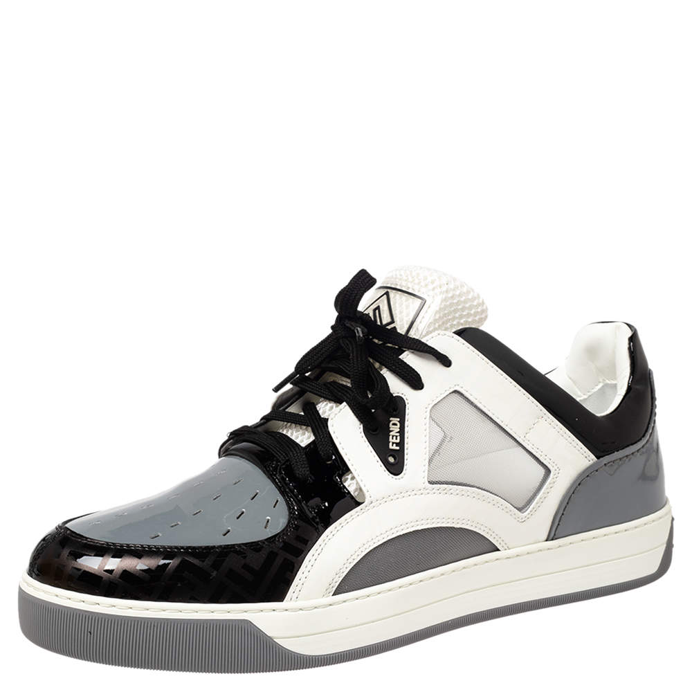  Fendi Tri Color Patent Leather and Mesh Fancy Low Top Sneakers Size 43