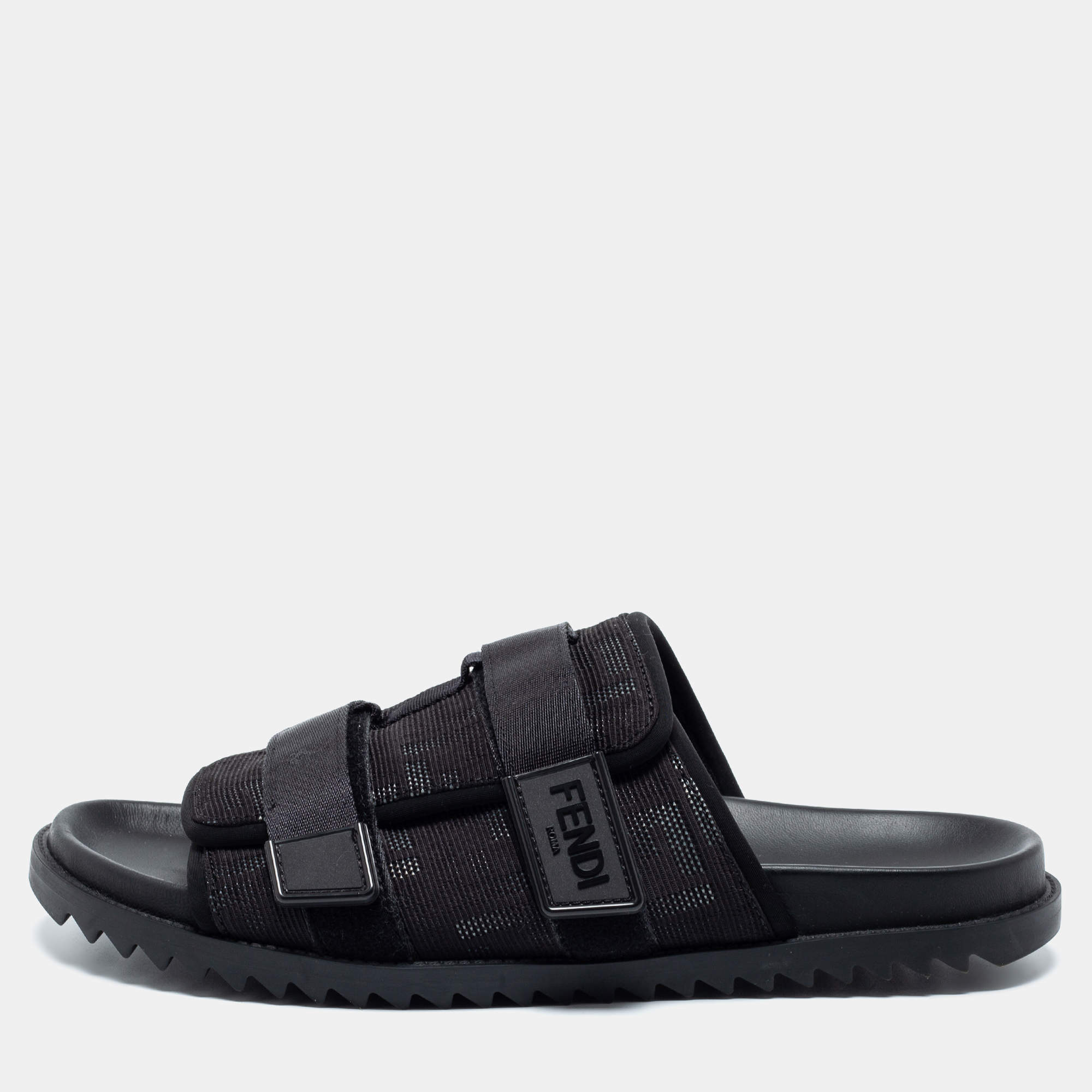 Fendi Black Canvas Strapped  Embossed FF Logo Slide Size 45 