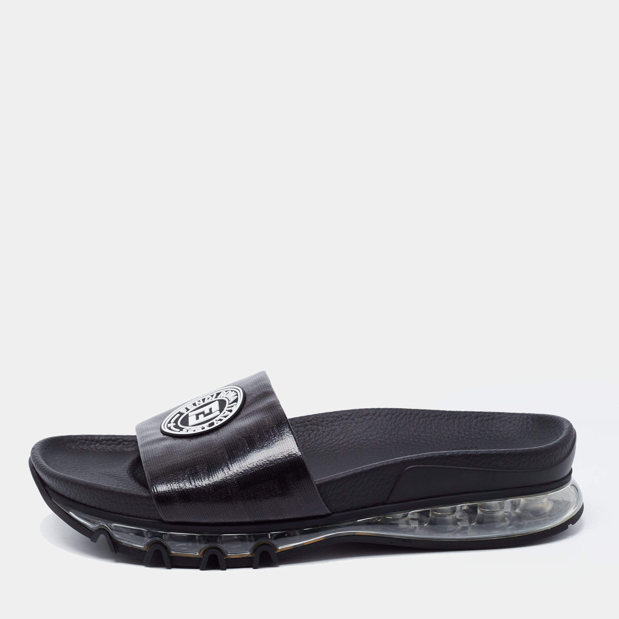 Fendi Black Leather Logo Embossed Flat Slides Size 42