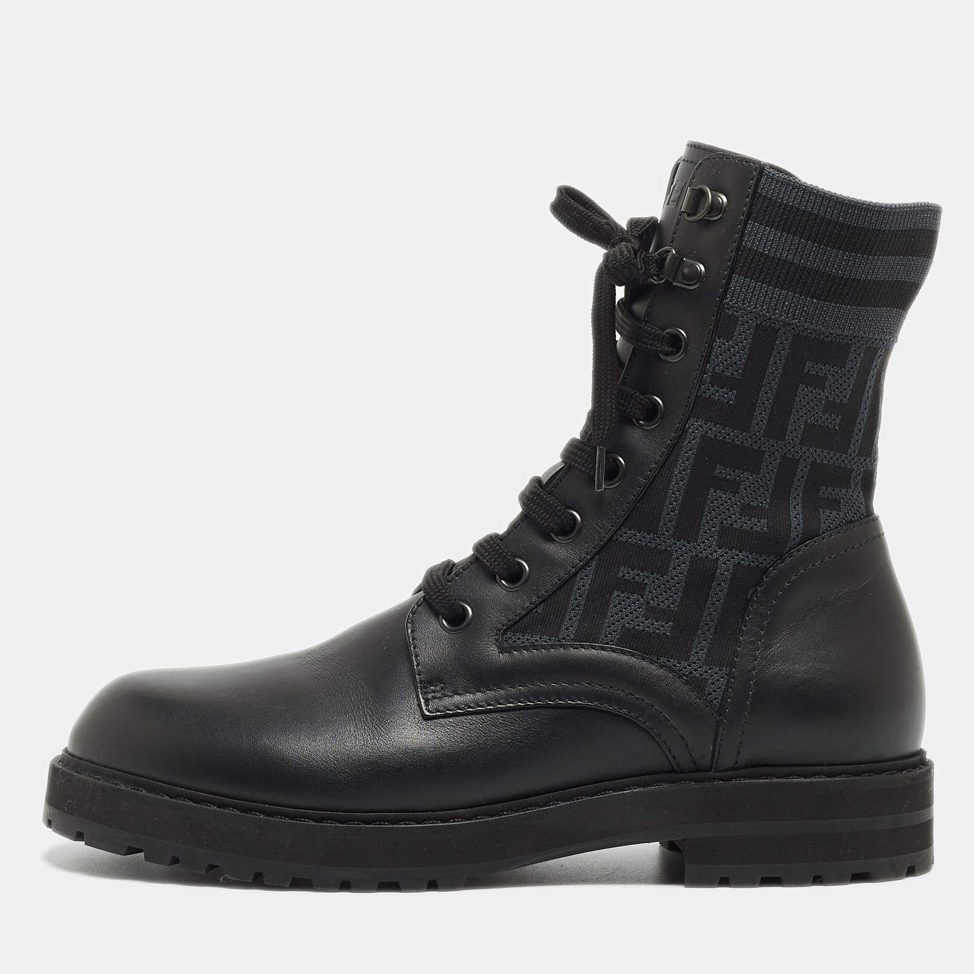 Fendi Black Leather and FF Fabric Ankle Boot Size 42