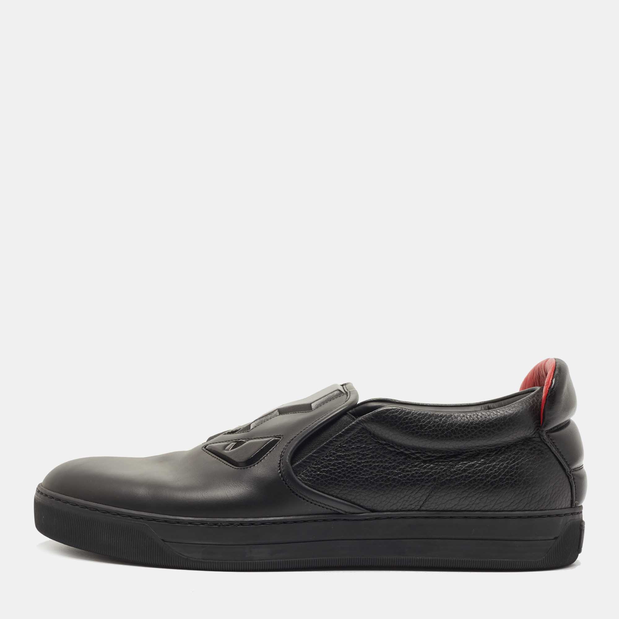 Fendi Black Leather Monster 3D Eyes Slip On Sneakers Size 44