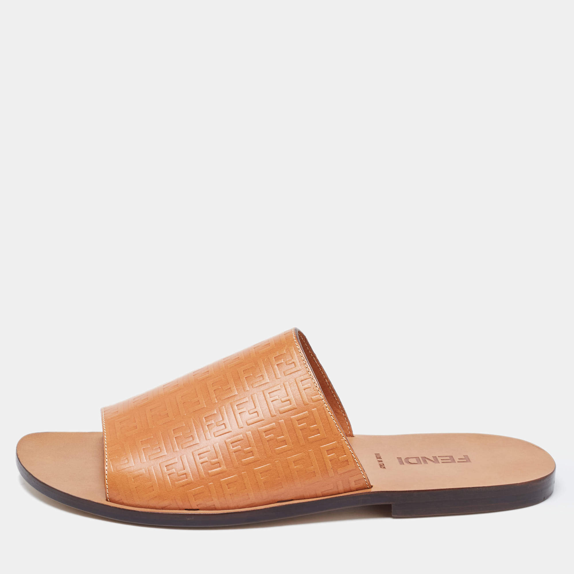 Fendi Tan Zucca Embossed Leather Slides Size 45