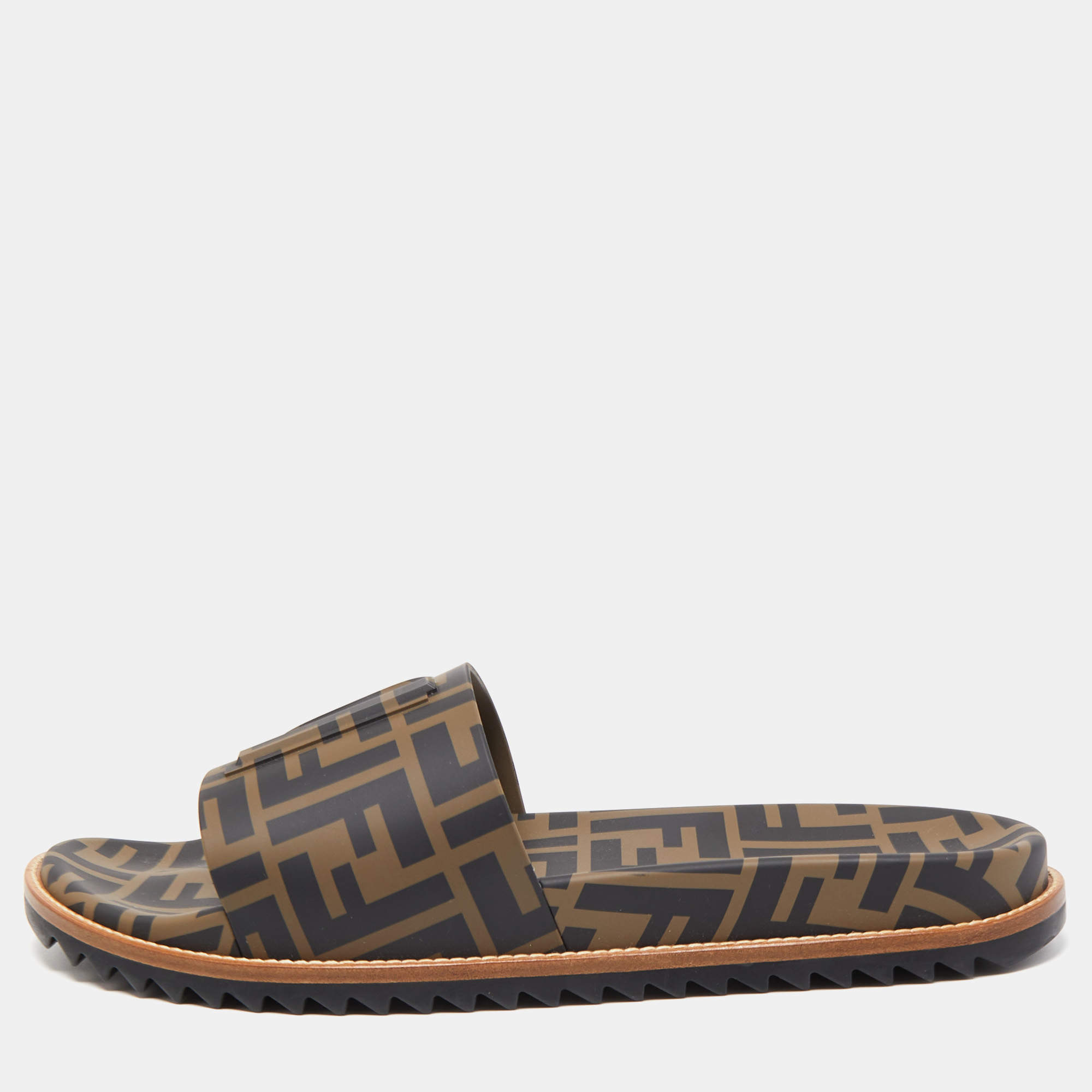 Pre Owned Fendi Brown/Black Zucca Rubber Slides Size 45