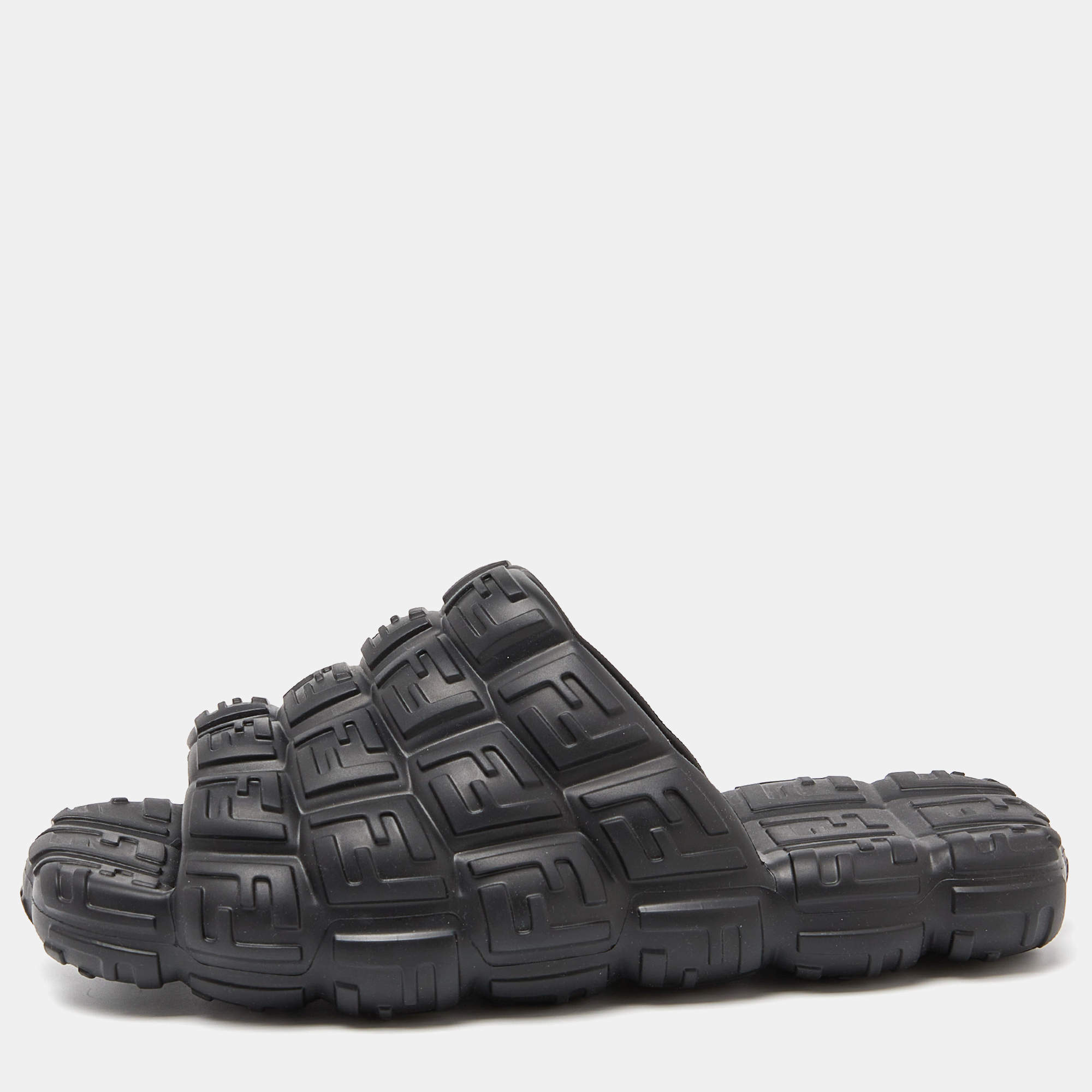 Fendi Black Logo Embossed Rubber Cloud Slides Size 44