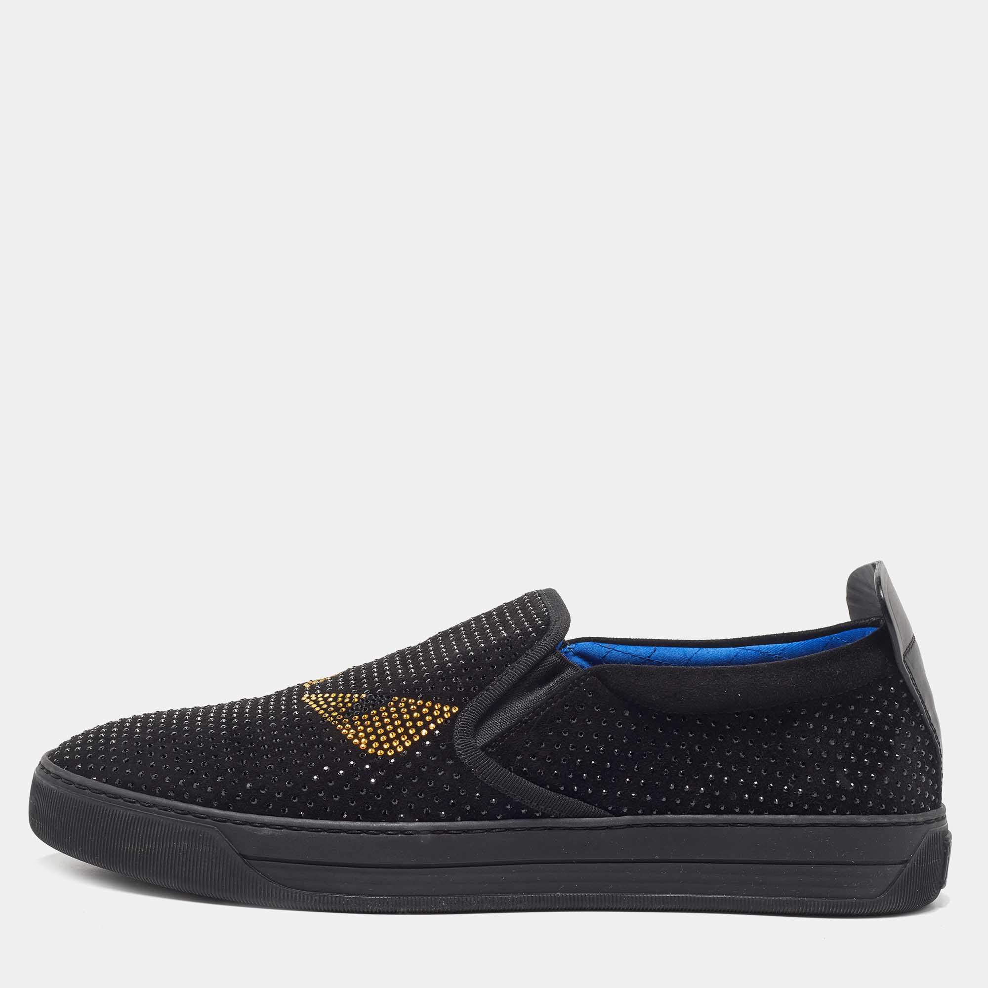 Pre Owned Fendi Black Suede Monster Swarovski Slip On Sneakers Size 43