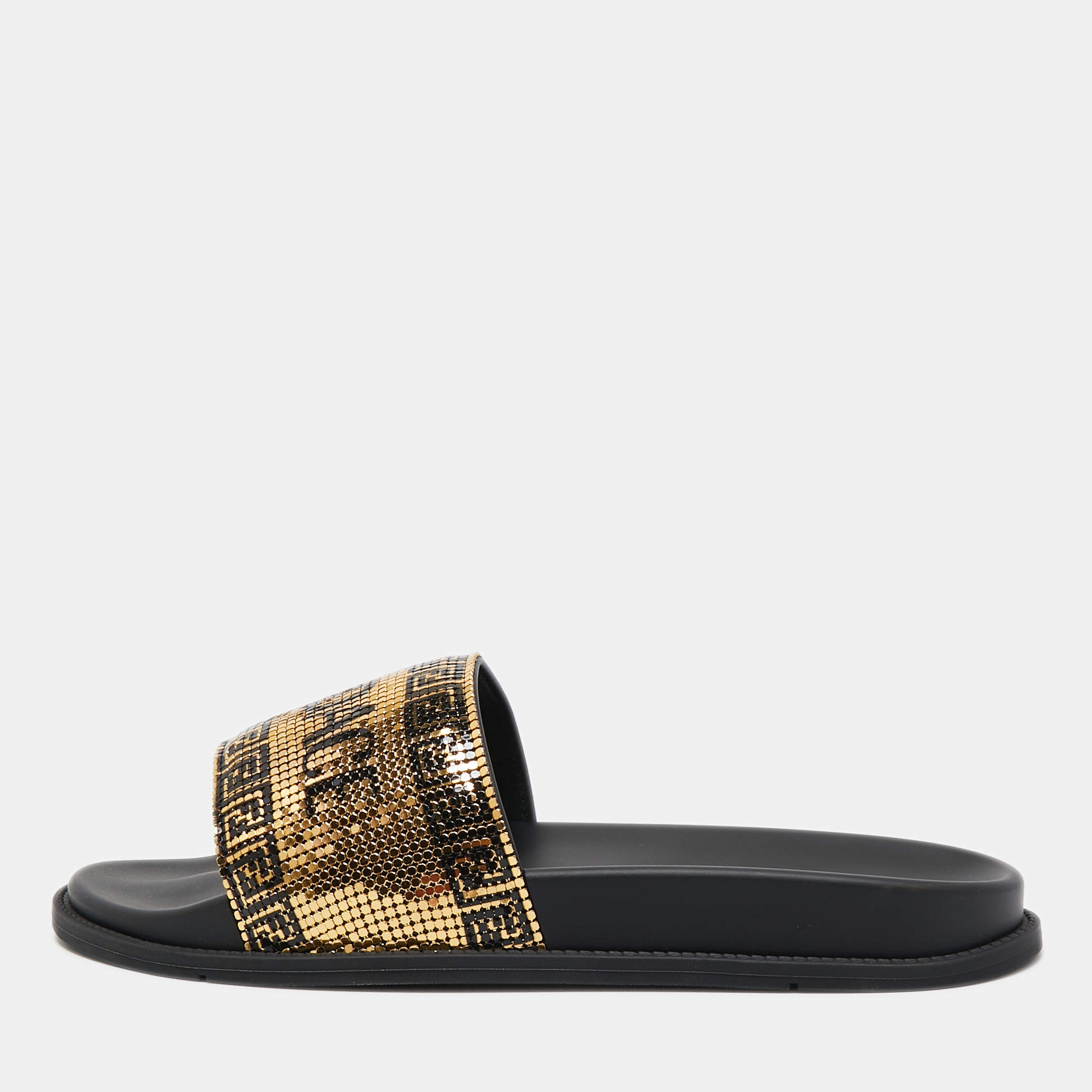 Pre Owned Fendi X Versace Gold Metal and Rubber Flat Slides Size 43