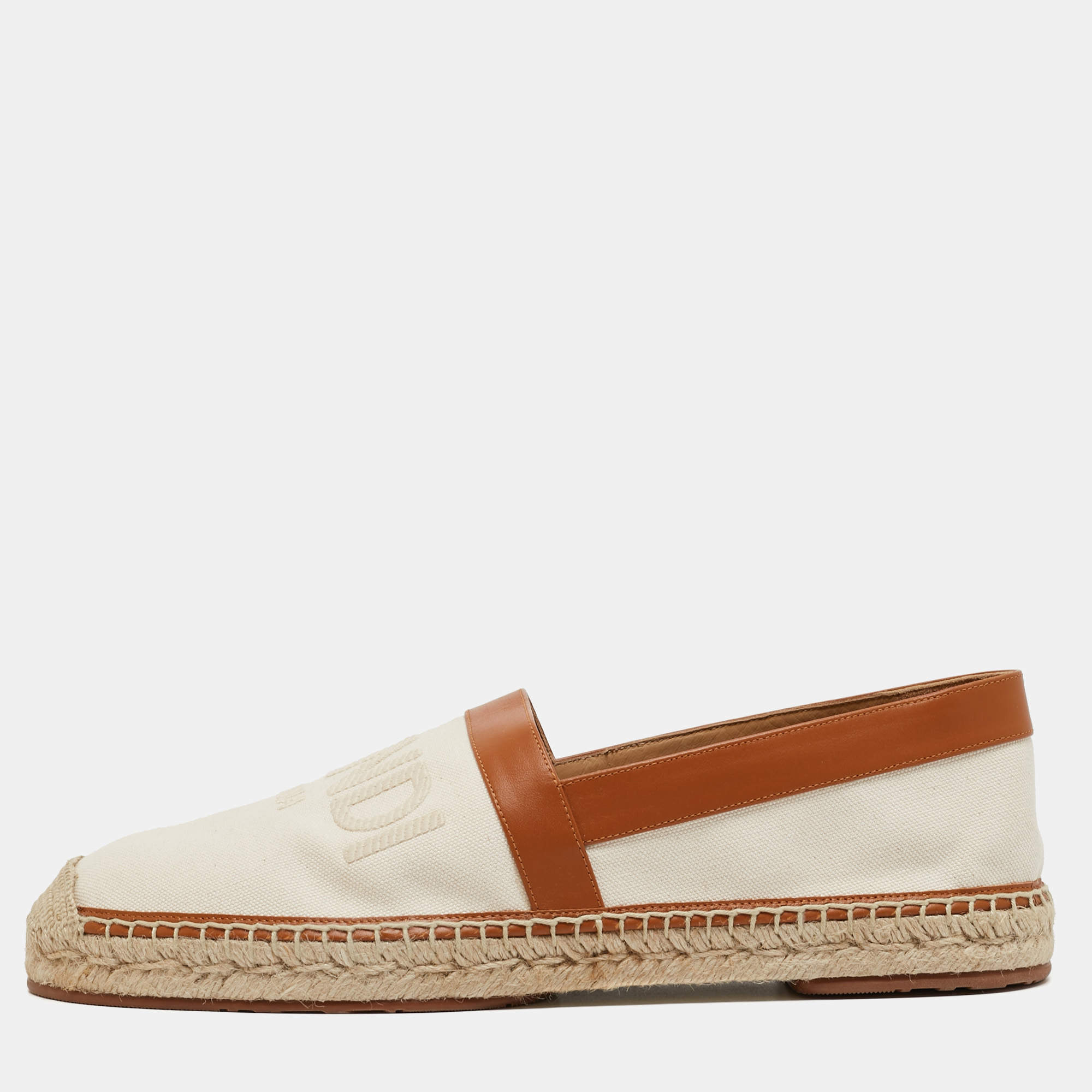 Fendi Brown/Cream Canvas And Leather Slip On Loafers Size 43