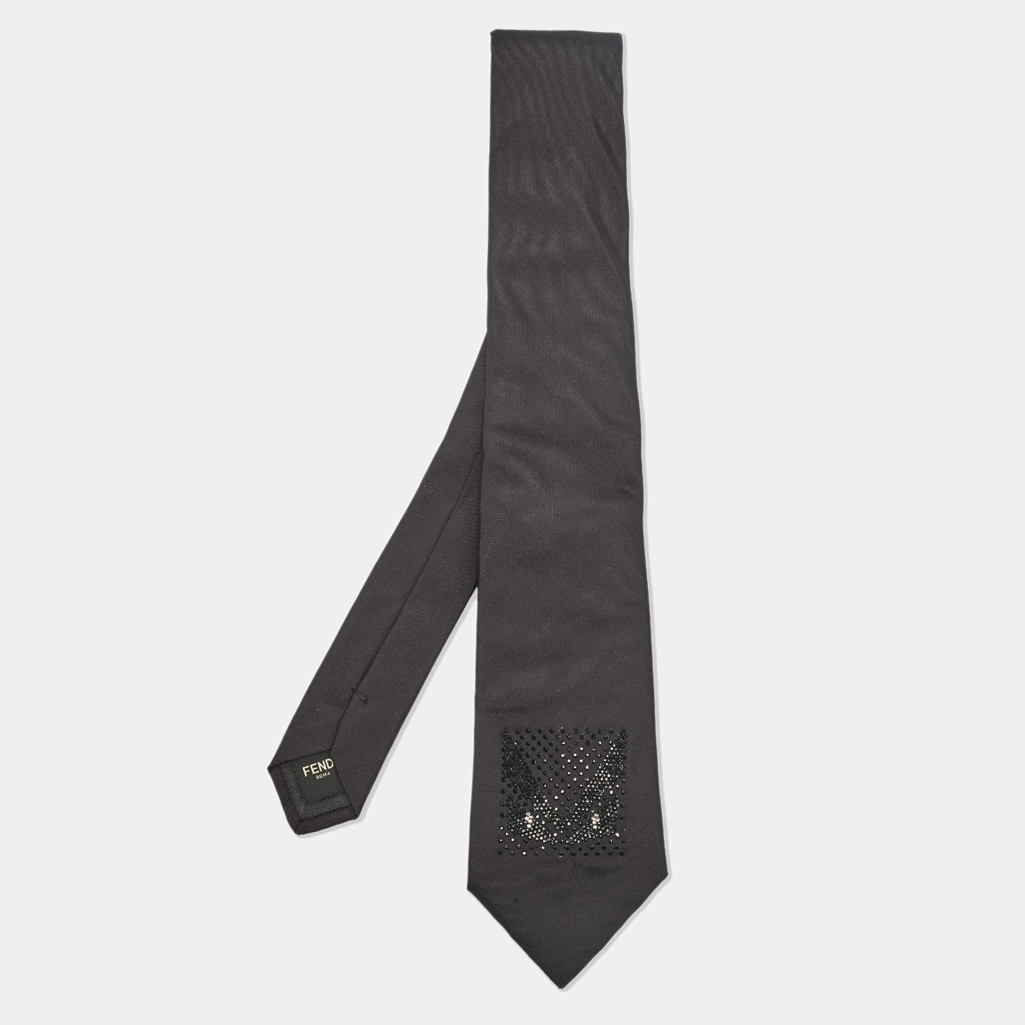 Fendi Black Monster Eye Embellished Silk Tie