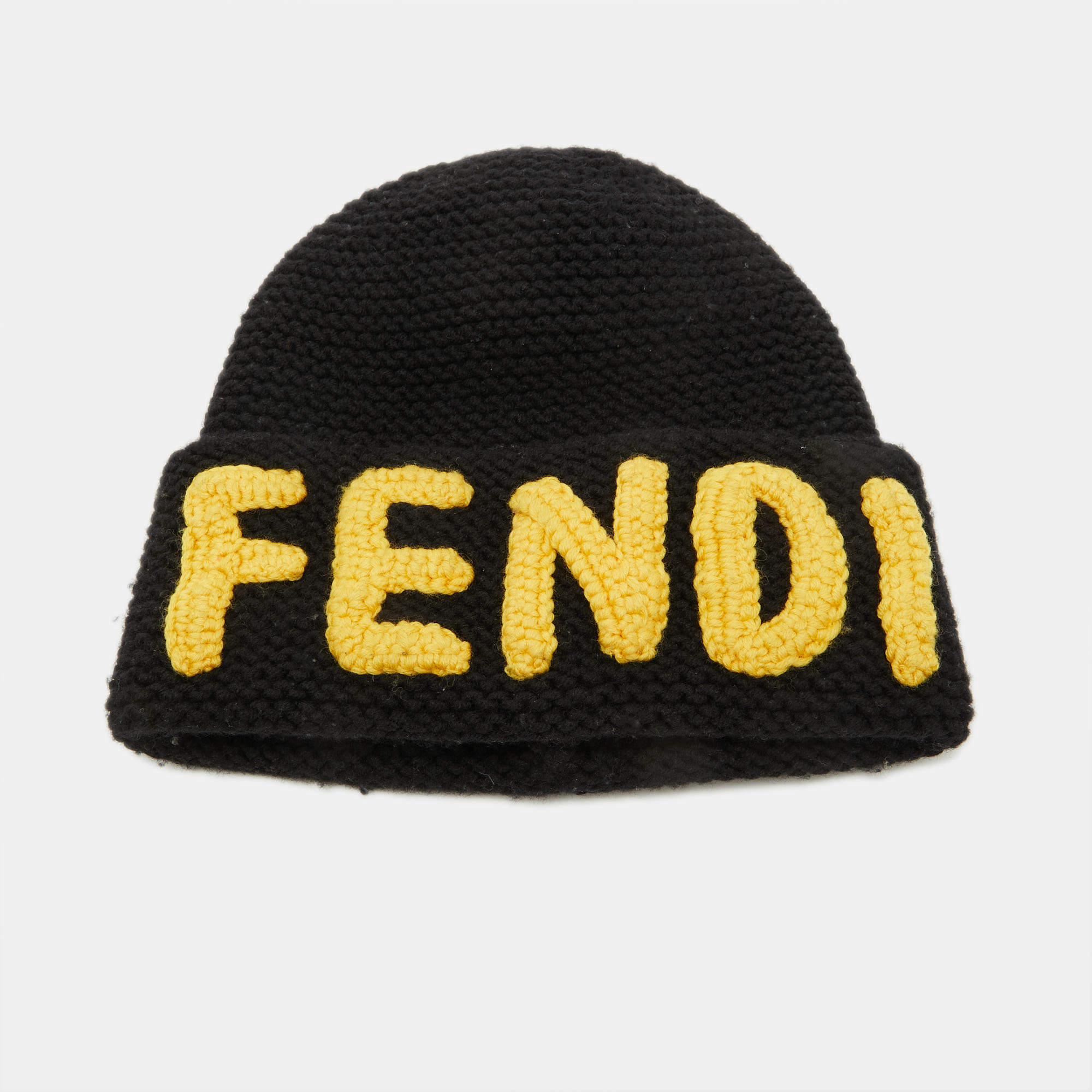 Fendi Black/Yellow Logo Knit Wool Beanie ( One Size )