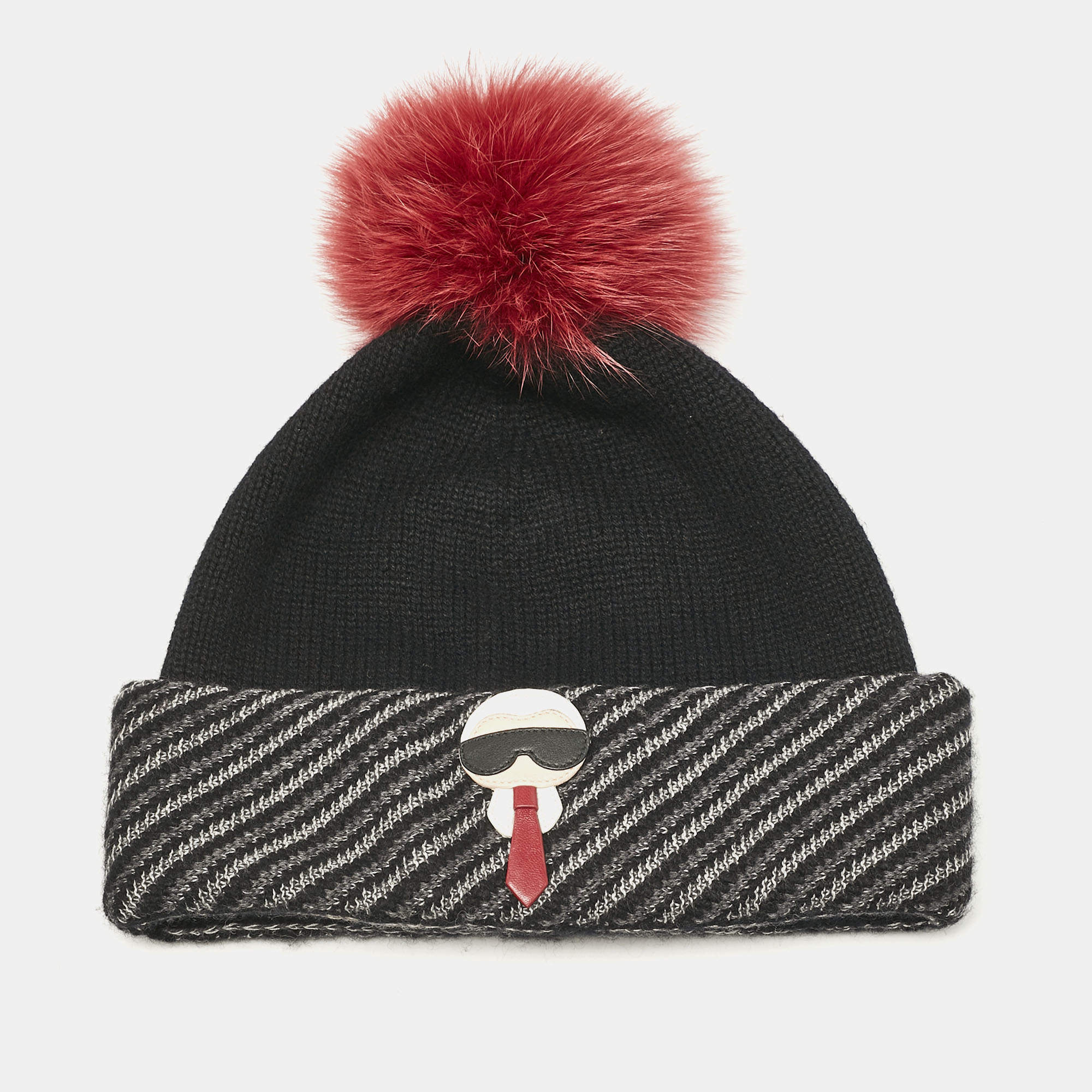 Fendi x Karl Lagerfeld Black Applique Cashmere Pom Pom Beanie 