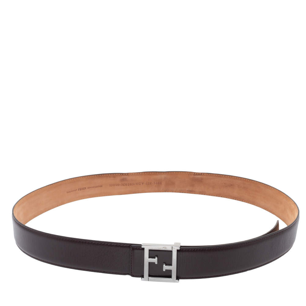 Pre Owned Fendi Dark Brown Leather FF Logo Belt 100CM
