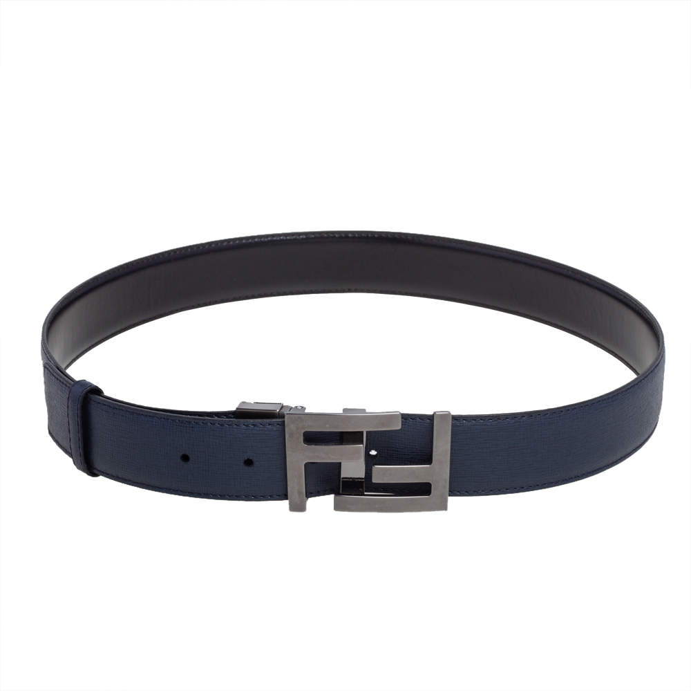 Fendi Navy Blue/Black Leather FF Logo Buckle Reversible Belt 108 CM