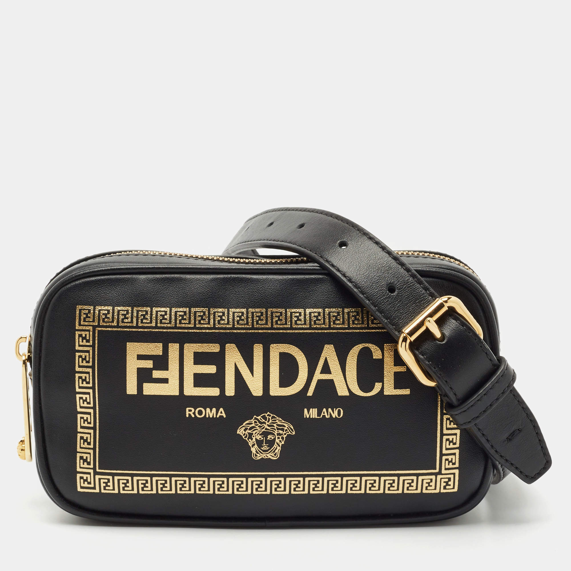 Fendi x Versace Black/Gold Leather Fendace Camera Crossbody Bag