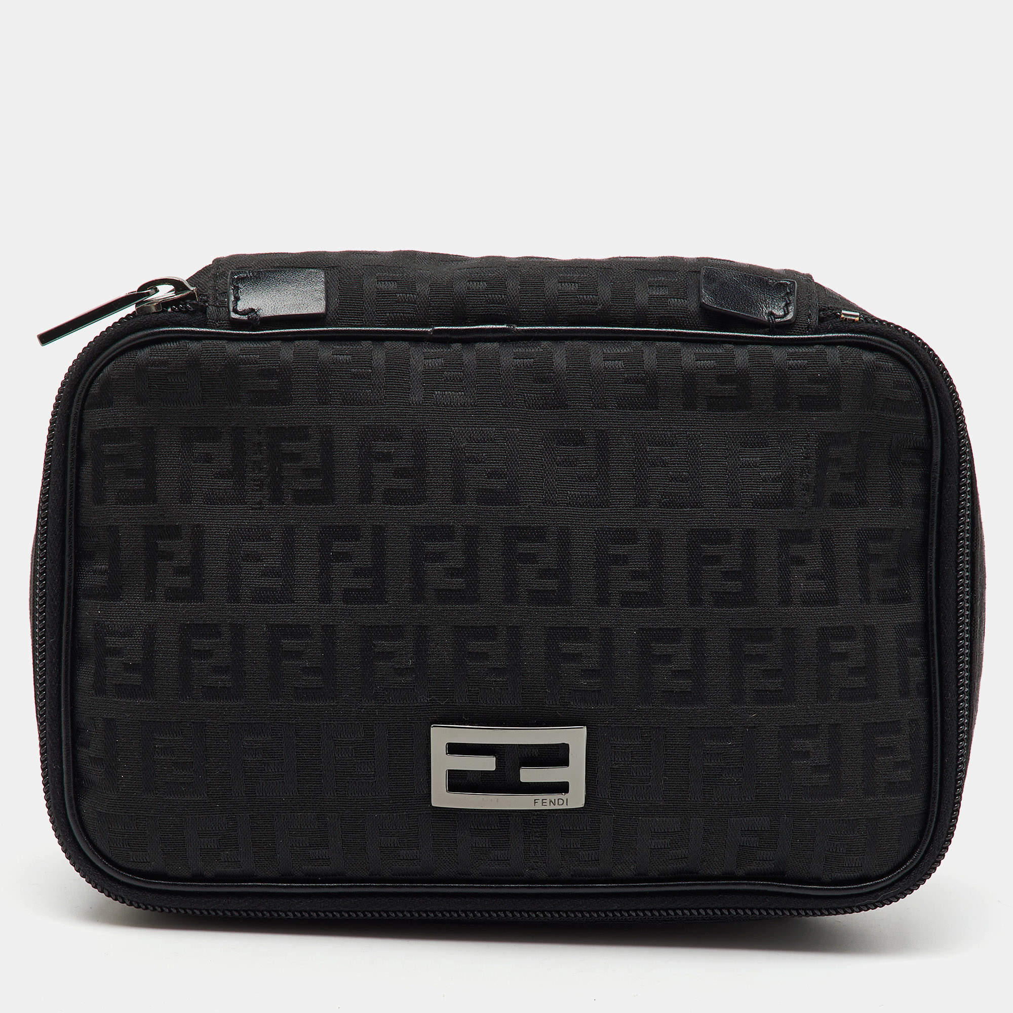 Fendi Black Zucchino Canvas and Leather Zip Around Pouch