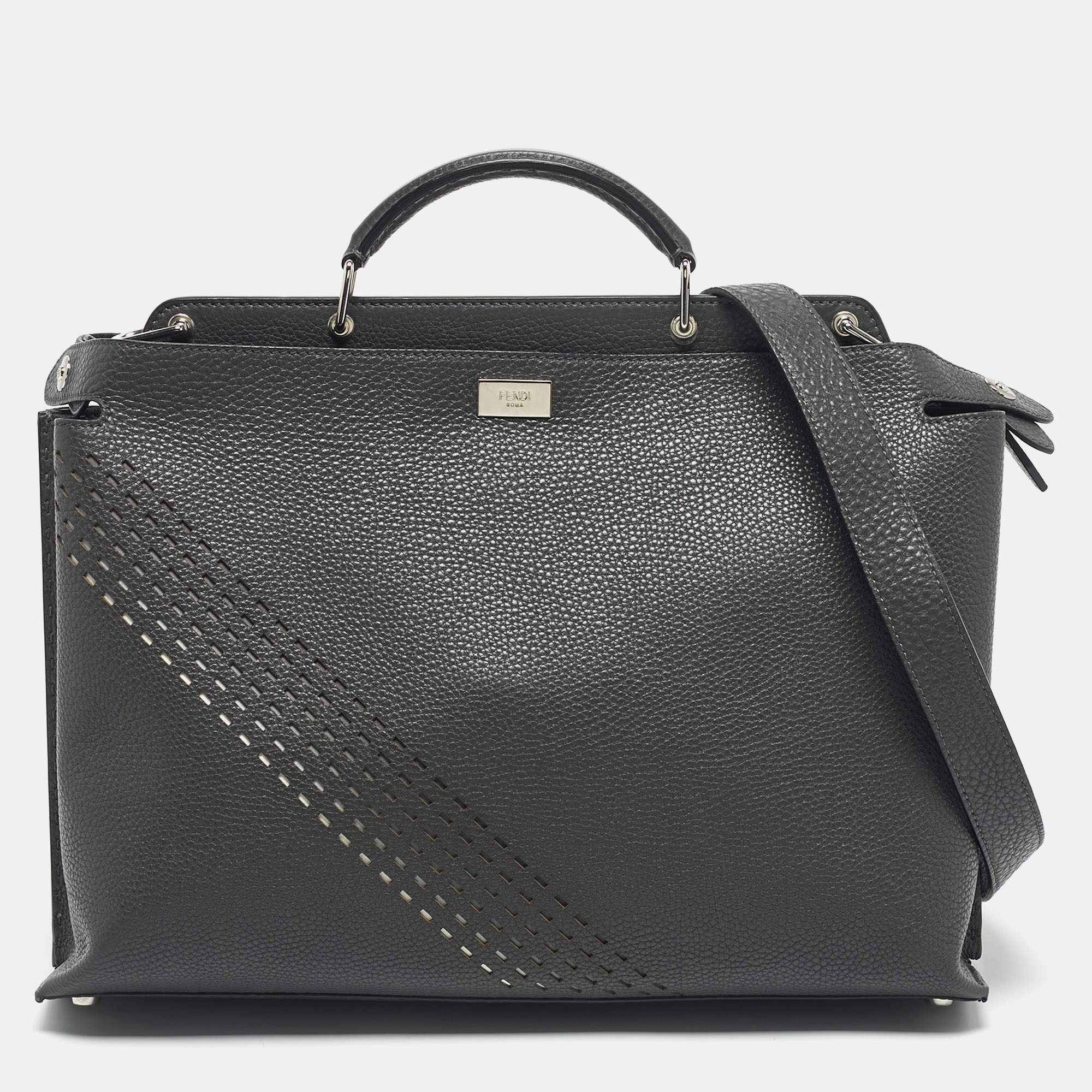 Pre Owned Fendi Dark Grey Leather Peekaboo Iconic Essential Bag