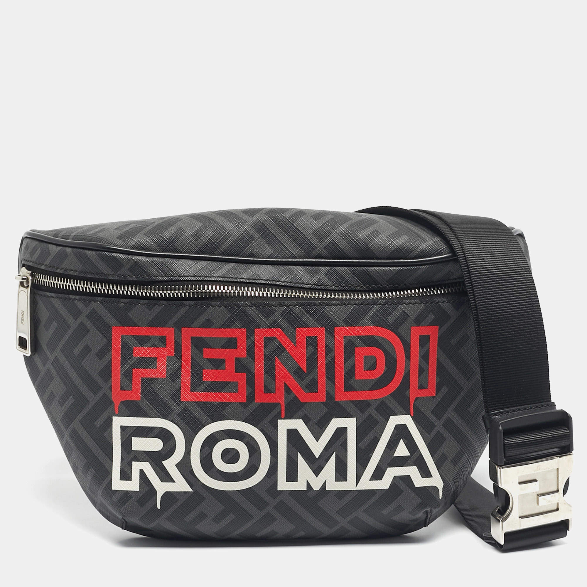 Pre Owned Fendi Black/Grey FF Coated Canvas Logo Print Belt Bag