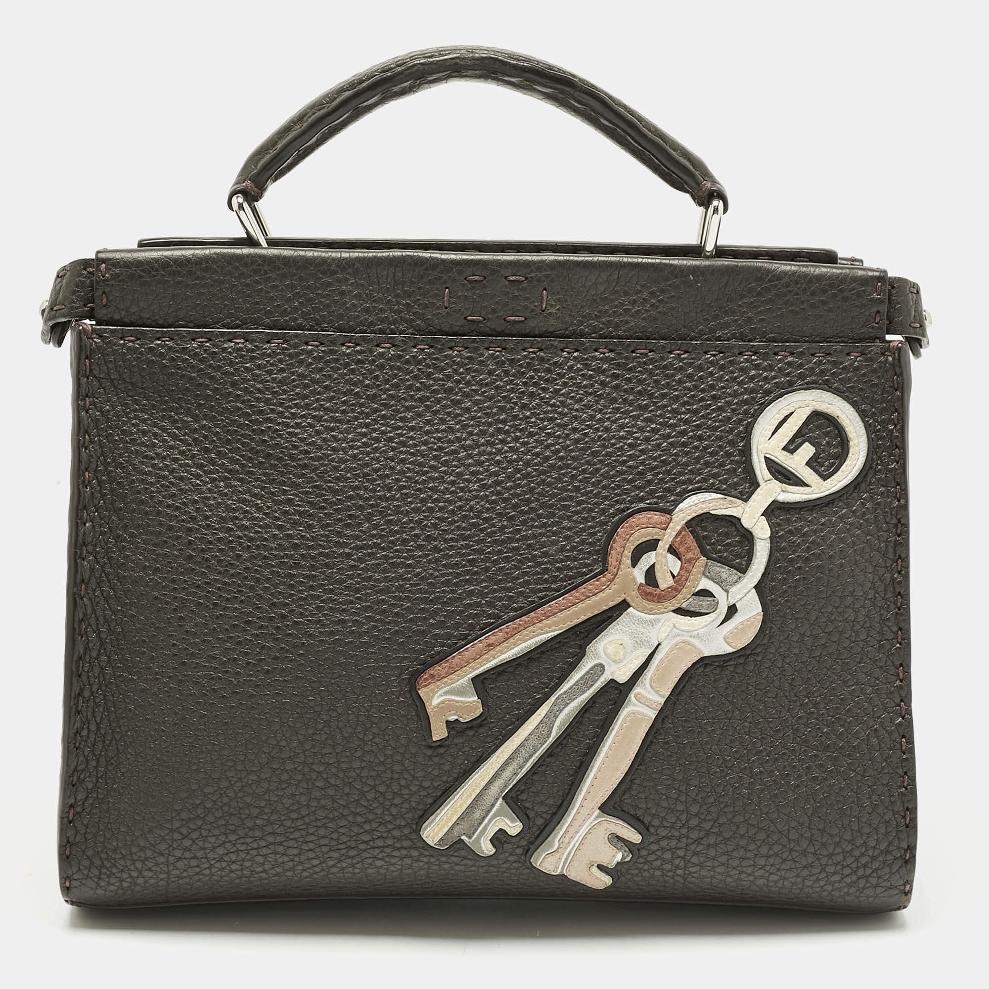 Pre Owned Fendi Dark Brown Selleria Leather Mini Peekaboo Fit Key Tote