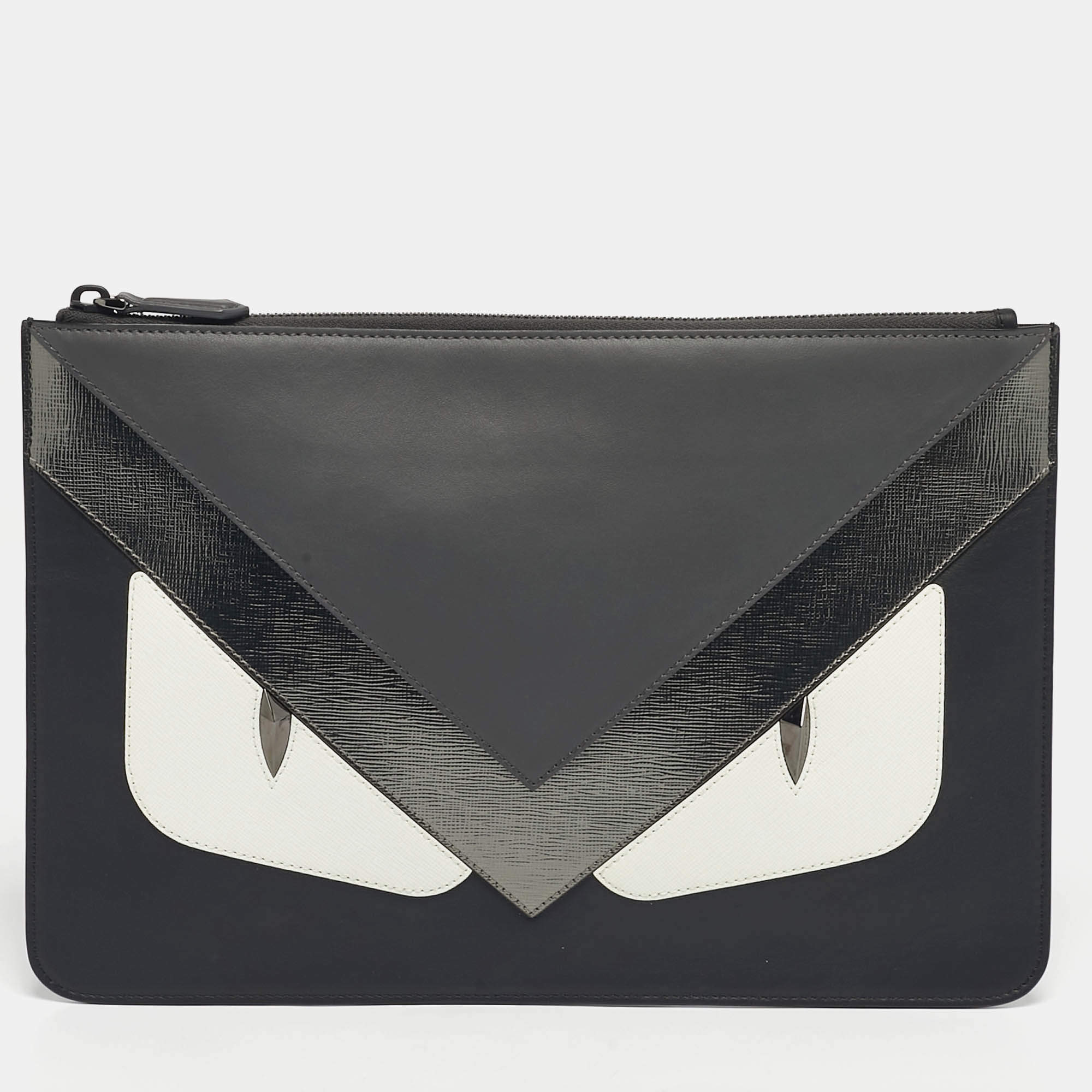 Pre Owned Fendi Black/White Leather Monster Eye Flat Pouch