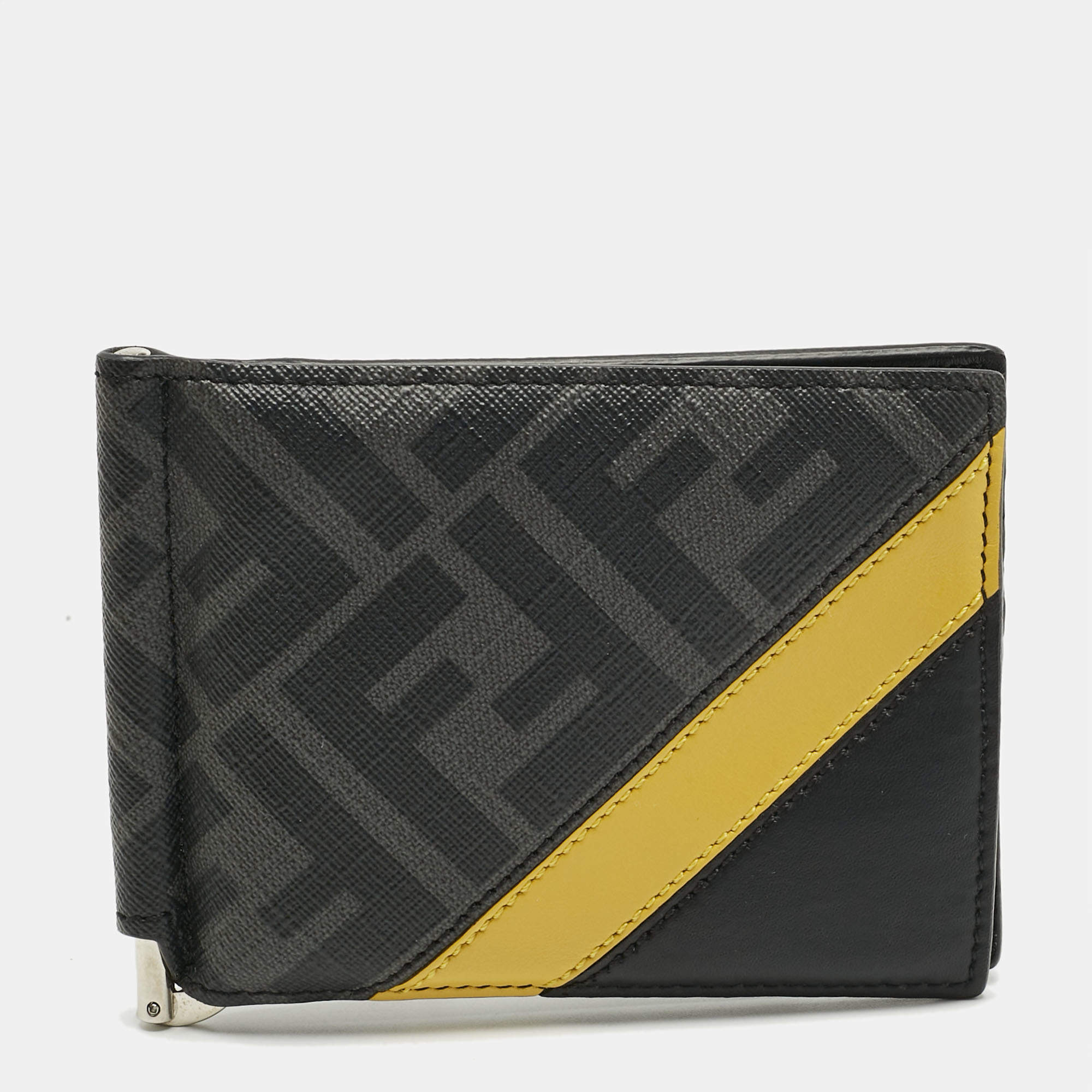 Pre Owned Fendi Black/Yellow Zucca Coated Canvas and Leather Diagonal Card Case