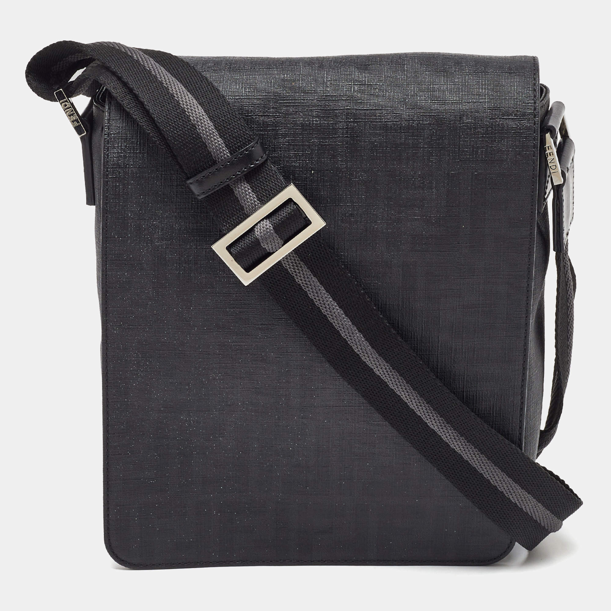 Pre Owned Fendi Black Zucca Coated Canvas Flap Messenger Bag