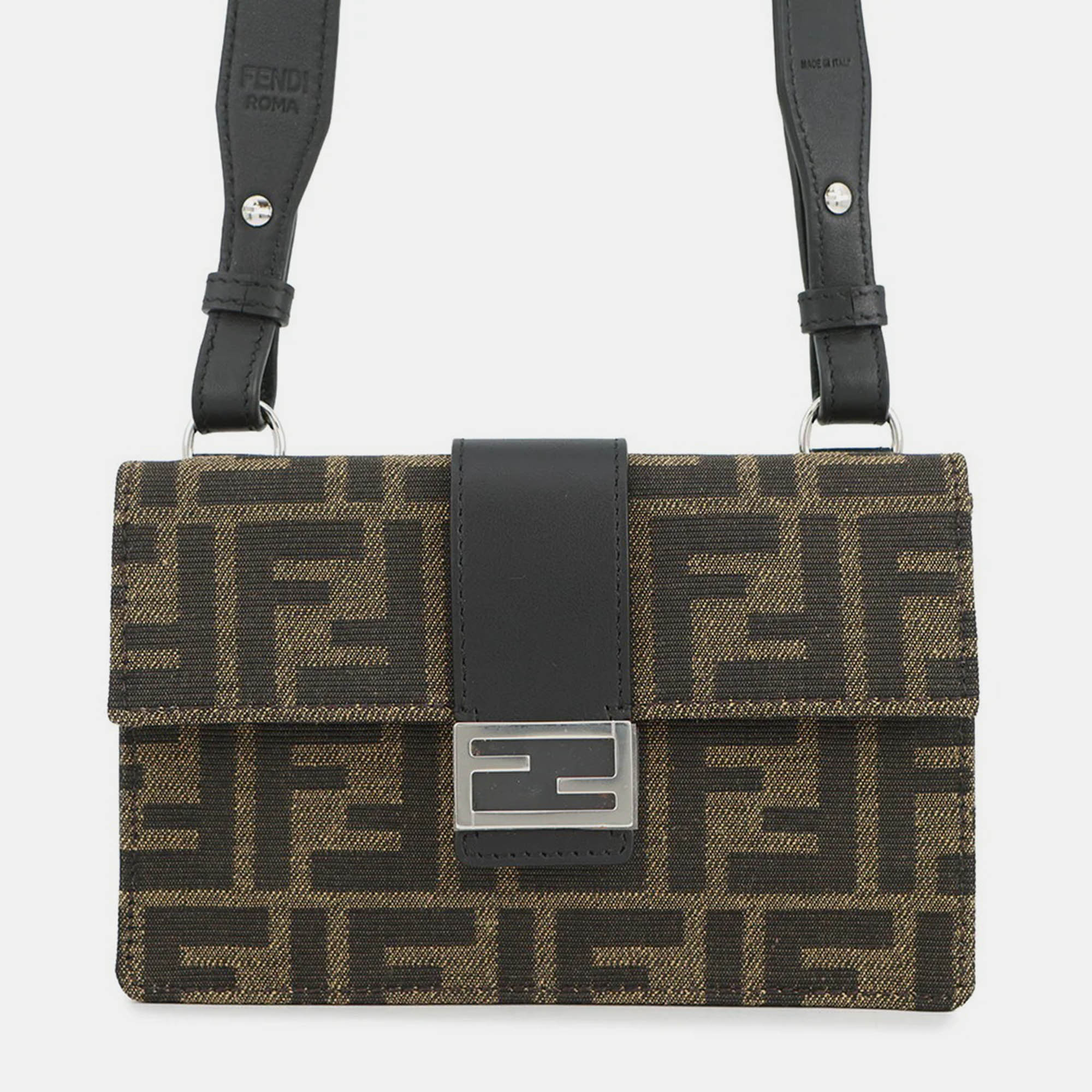 Pre Owned Fendi Baguette Slim Shoulder Bag Brown Canvas