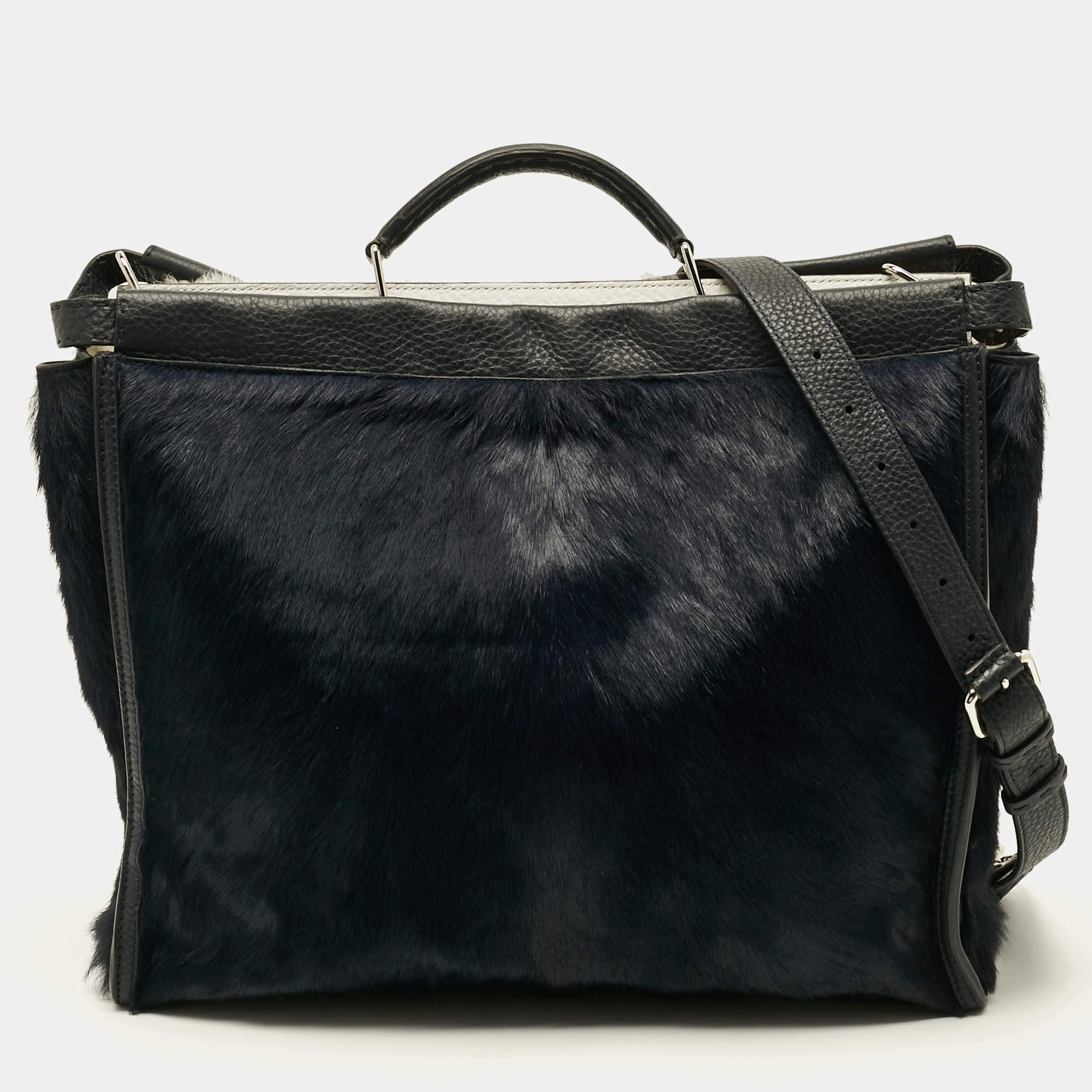 Pre Owned حقيبة فندي بيكابوو كبيرة شعر عجل وجلد أزرق بحري/أسود للوثائق