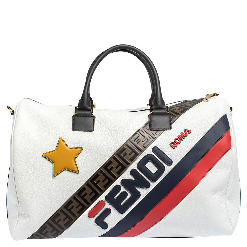 Pre Owned Fendi White Leather Logo Mania Weekender Bag