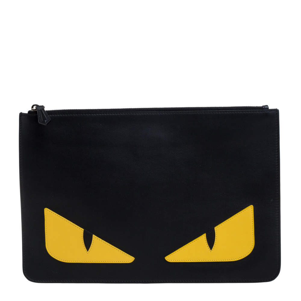 Pre Owned Fendi Black/Yellow Leather Monster Eyes Flat Clutch