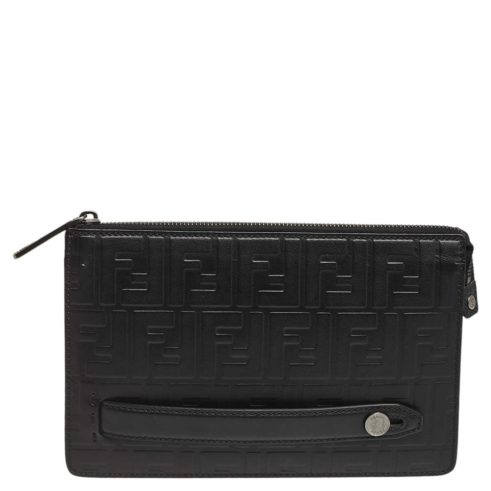 Fendi Black Zucca Embossed Leather Motif Zip Clutch