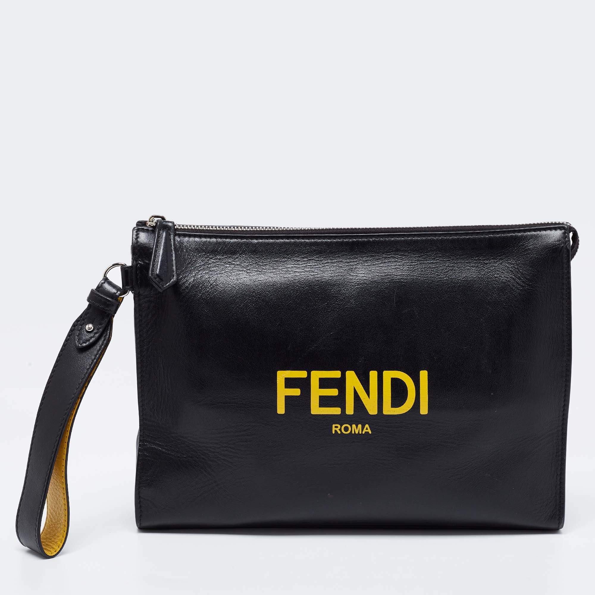Fendi Black Leather Zip Pouch