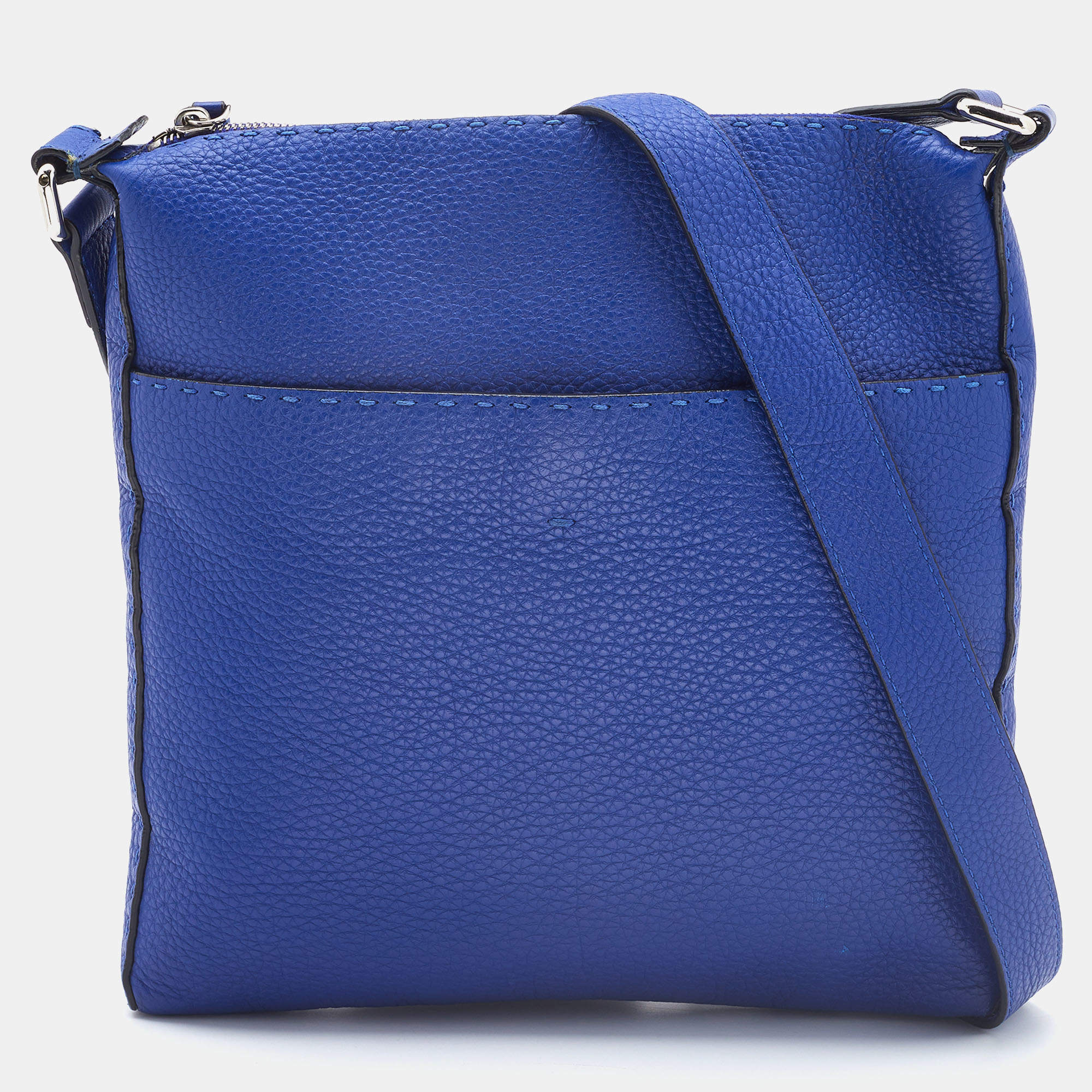 Fendi Blue Seleria Leather Zip Messenger Bag