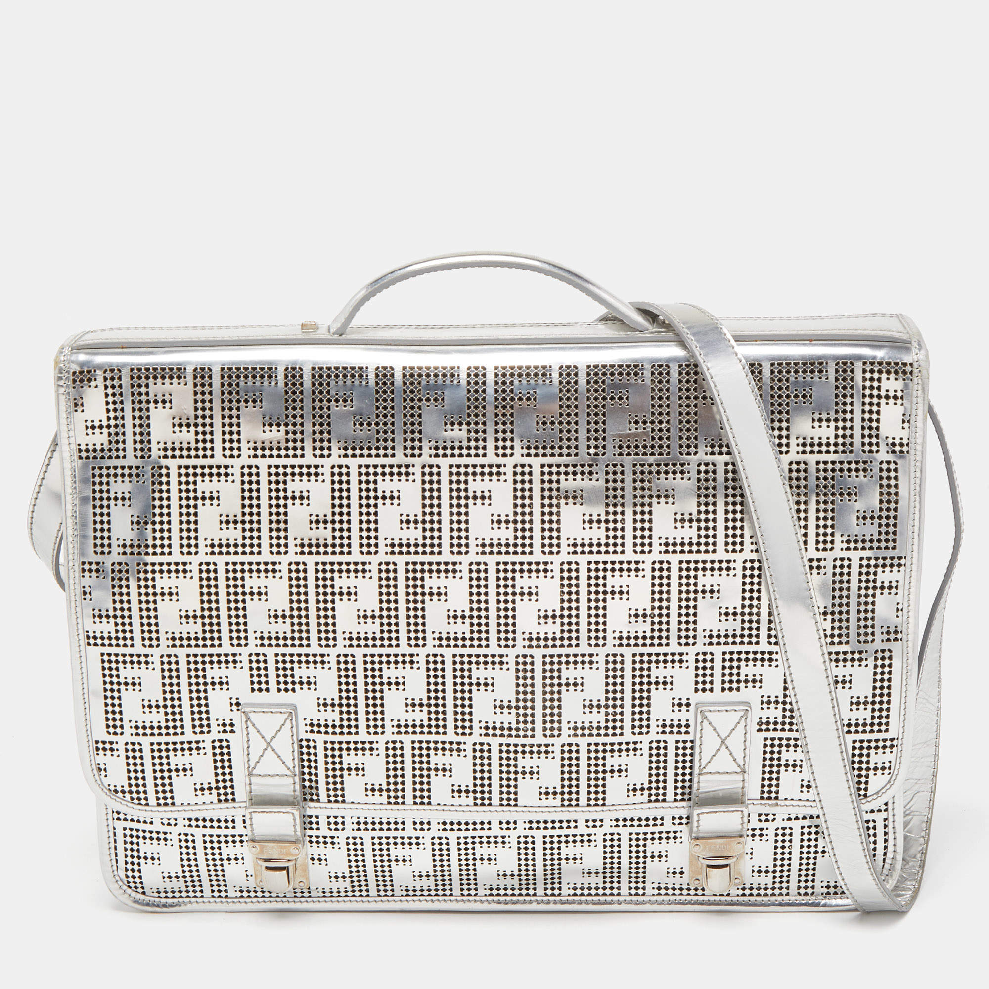 Fendi Silver Perforated FF Mirror Leather Briefcase Bag