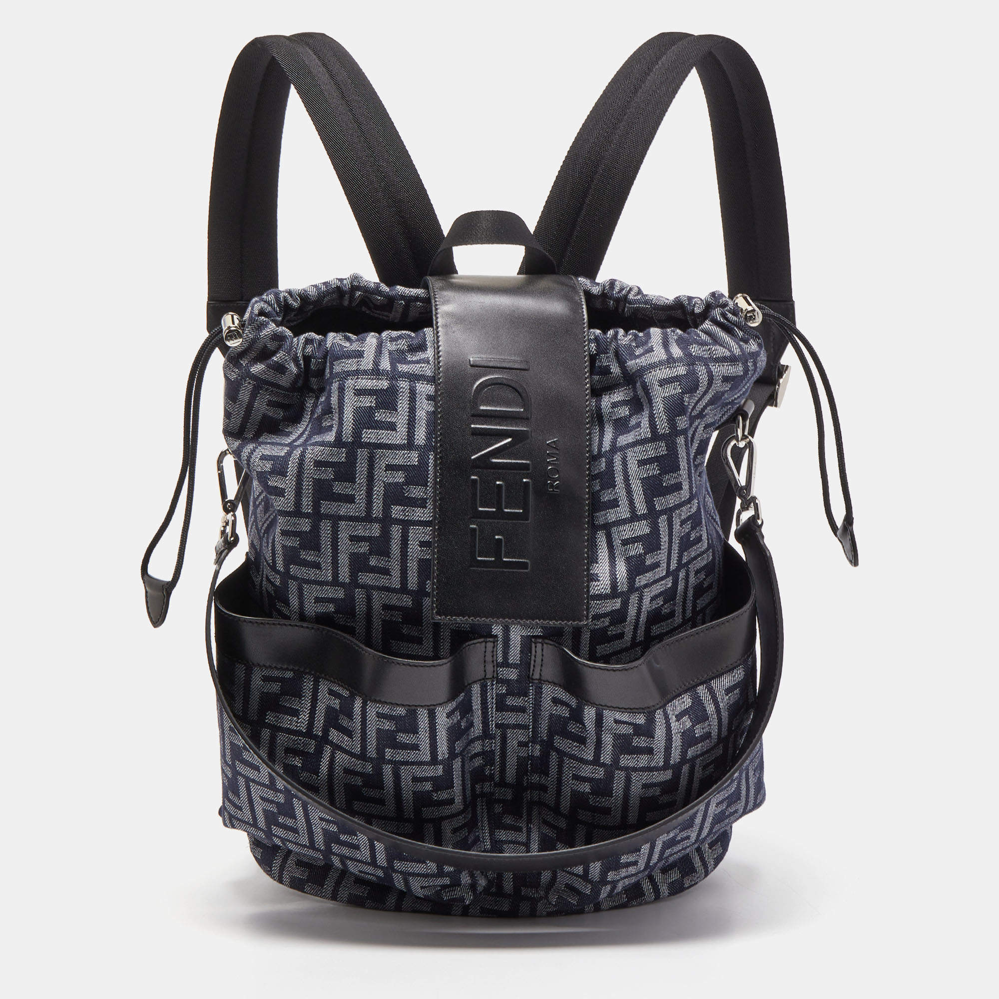 Fendi Blue/Black FF Jacquard Fabric Medium Drawstring Backpack