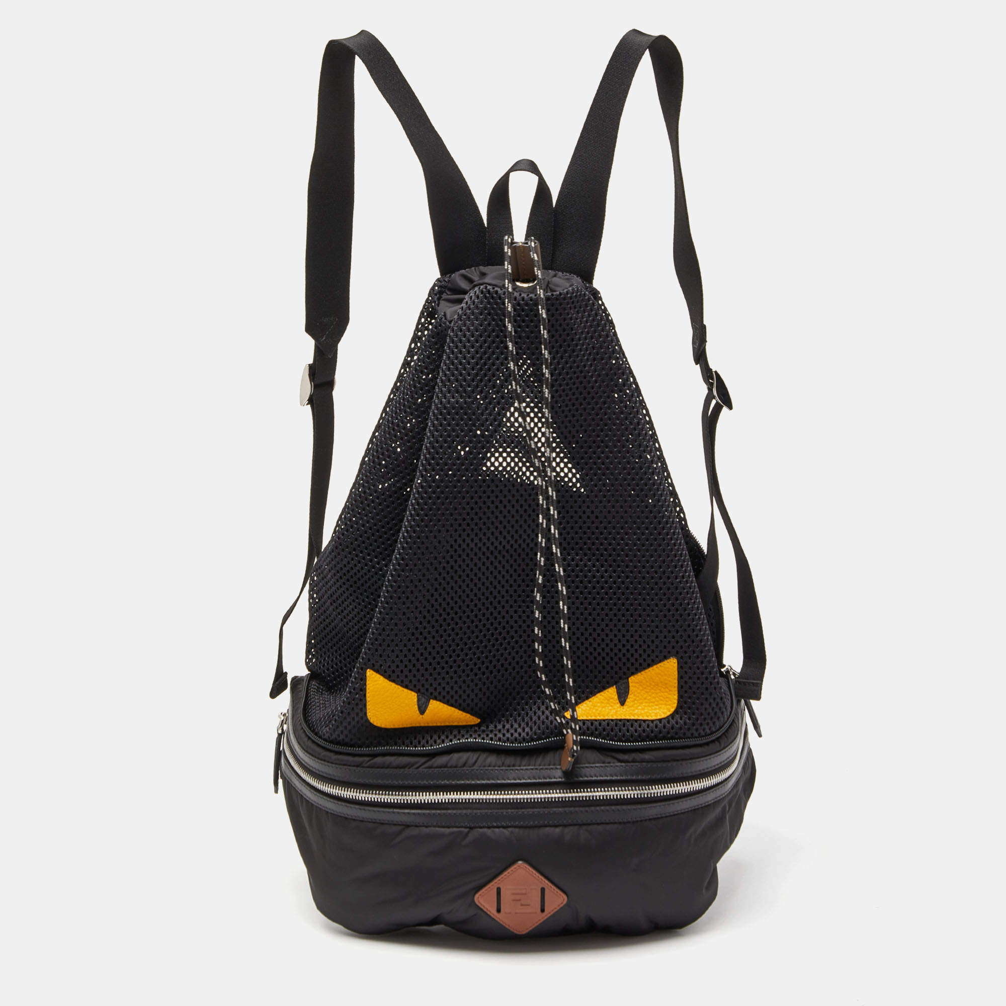 Fendi Black Nylon,Knit Fabric and Leather Mono Eye Bug Backpack