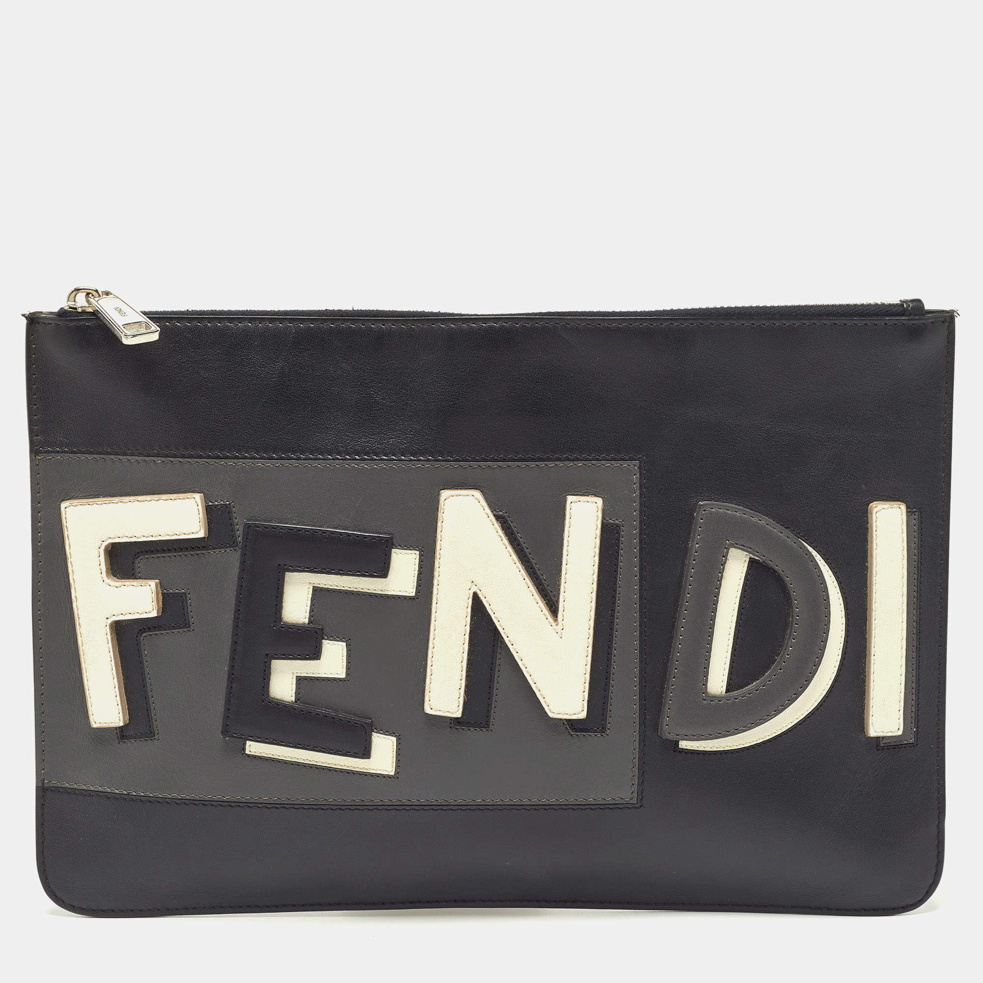 Pre Owned Fendi Black Leather Vocabulary 3D Logo Zip Pouch