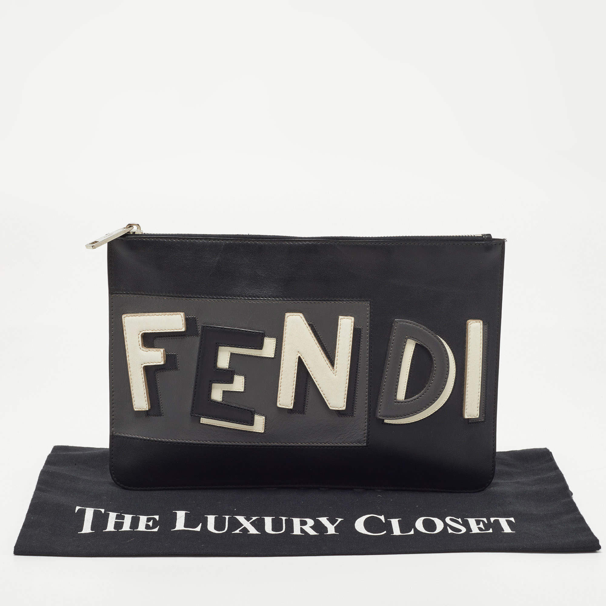 Swipe) @FENDI Diaper Bag. Black Nylon W. A Front Logo Leather