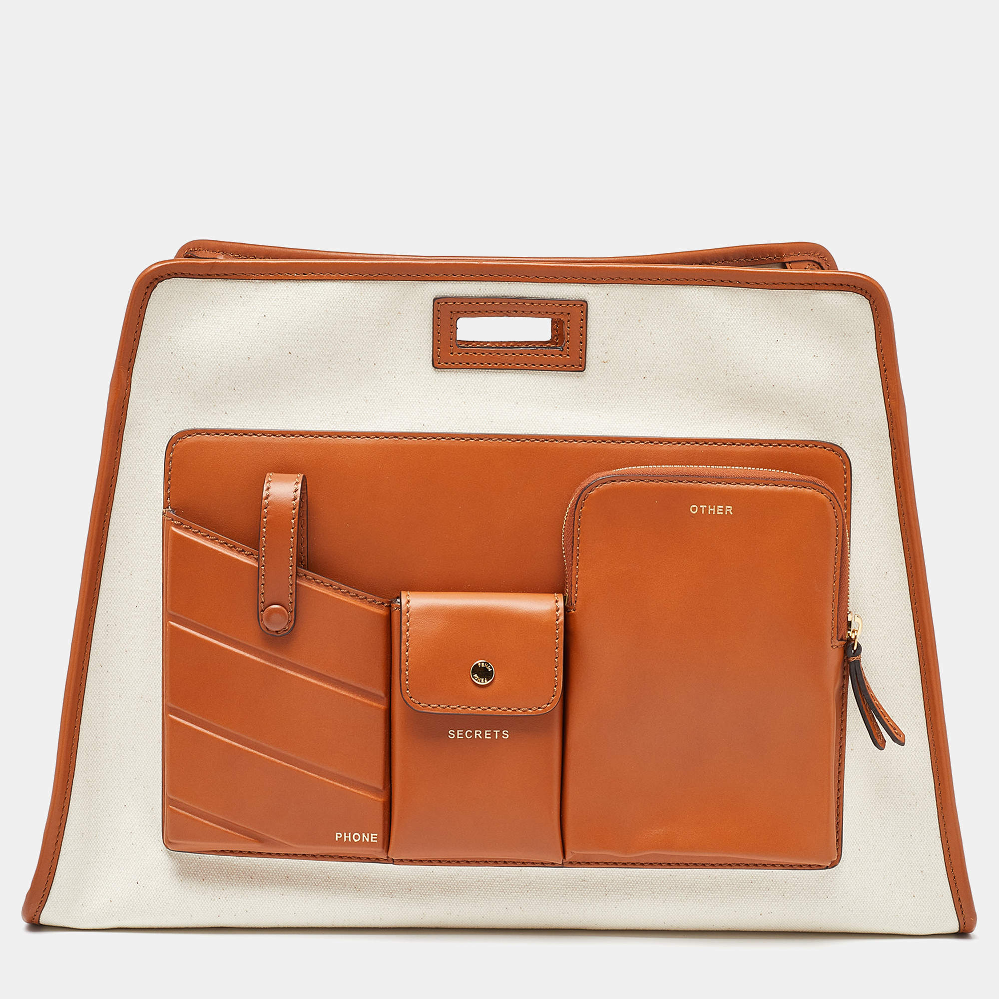 مملوكة مسبقًا Fendi Off White/Tan Coated Canvas and Leather Medium Peekaboo Defender Pouch