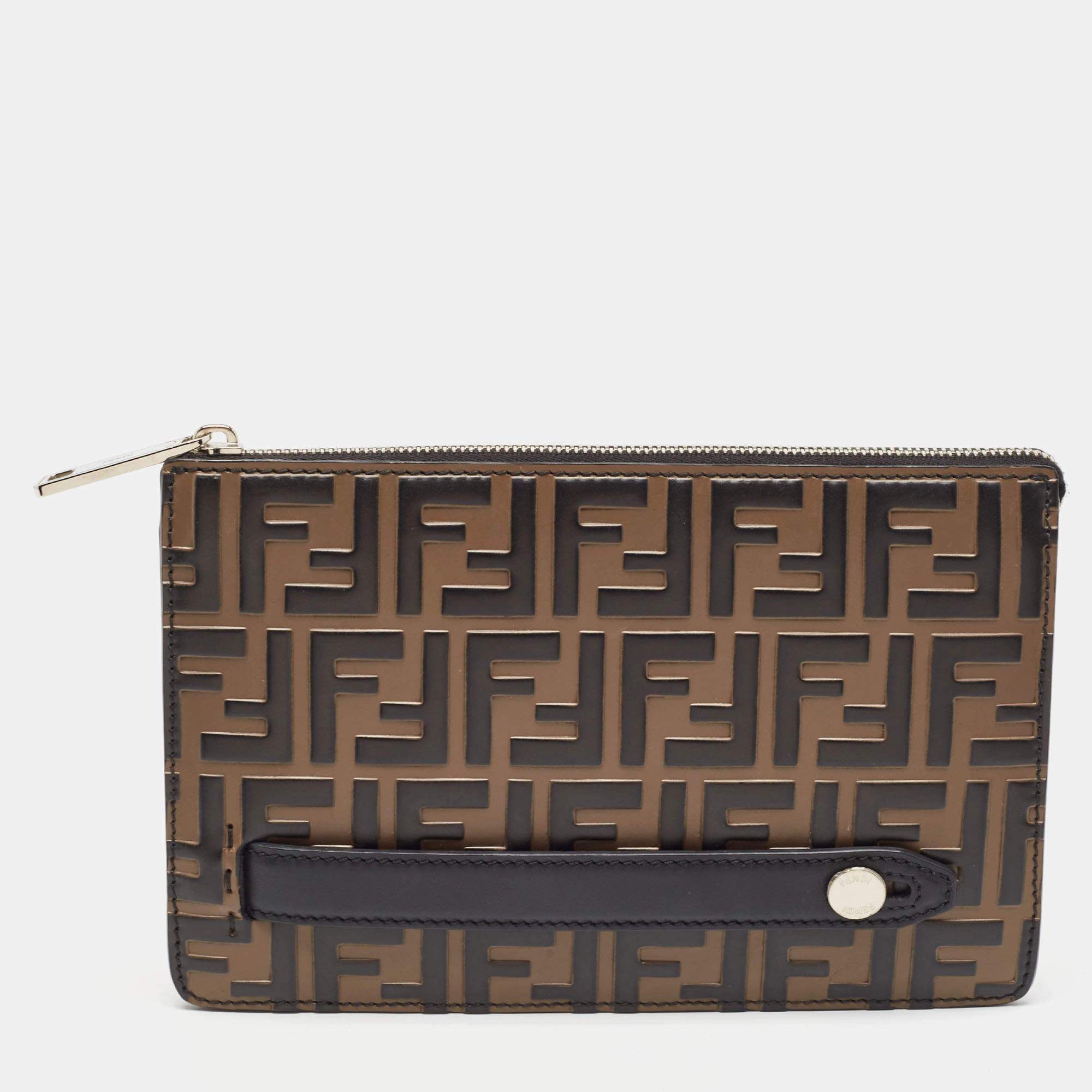 Fendi Black/Tobacco Zucca Embossed Leather Zip Pouch